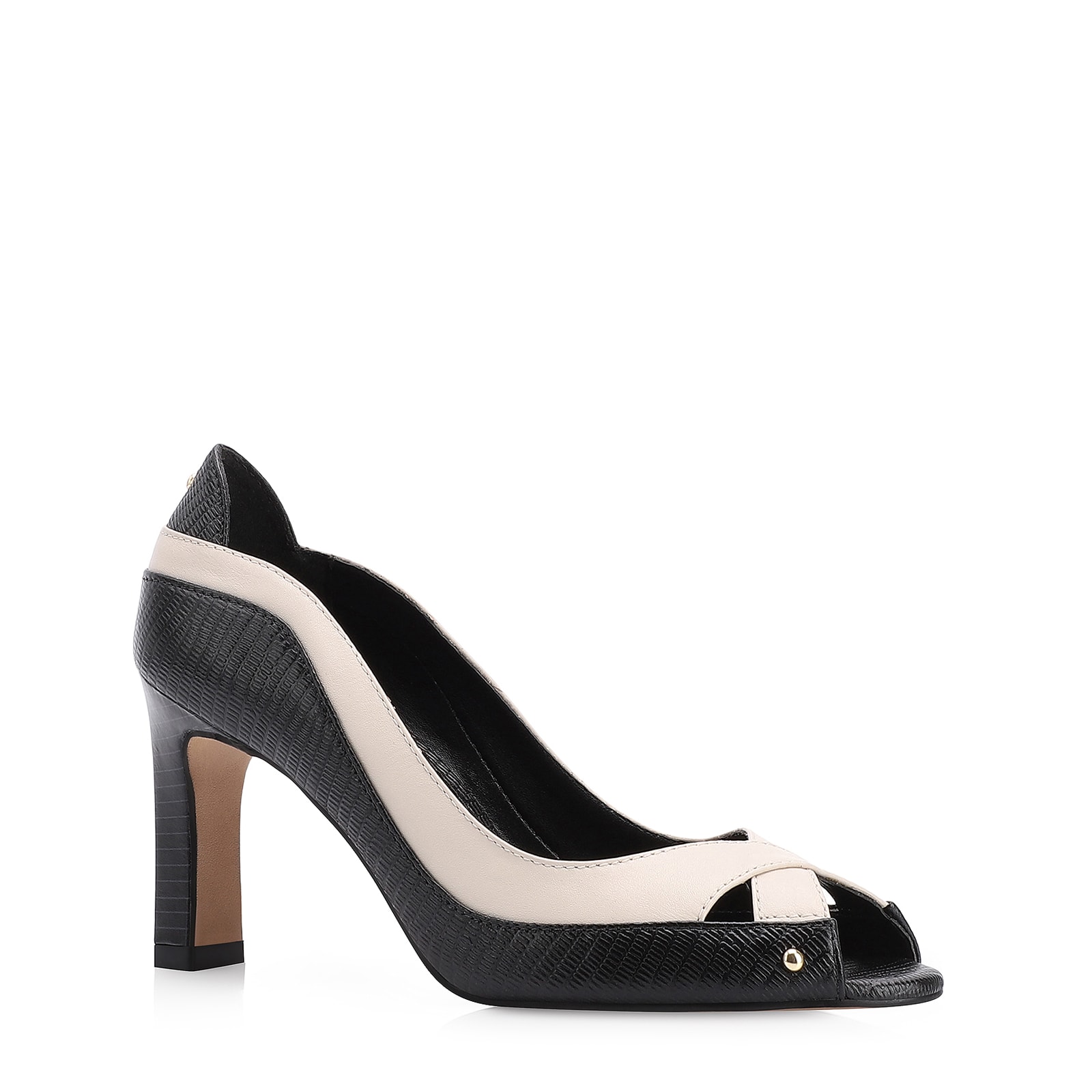 Peep Toe Couro Lezard Preto/Couro Off White