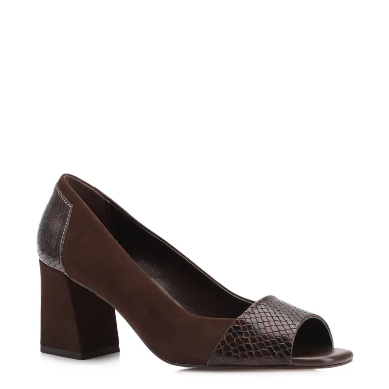 Peep Toe Couro Nobuck Marrom /Alt Python Marrom