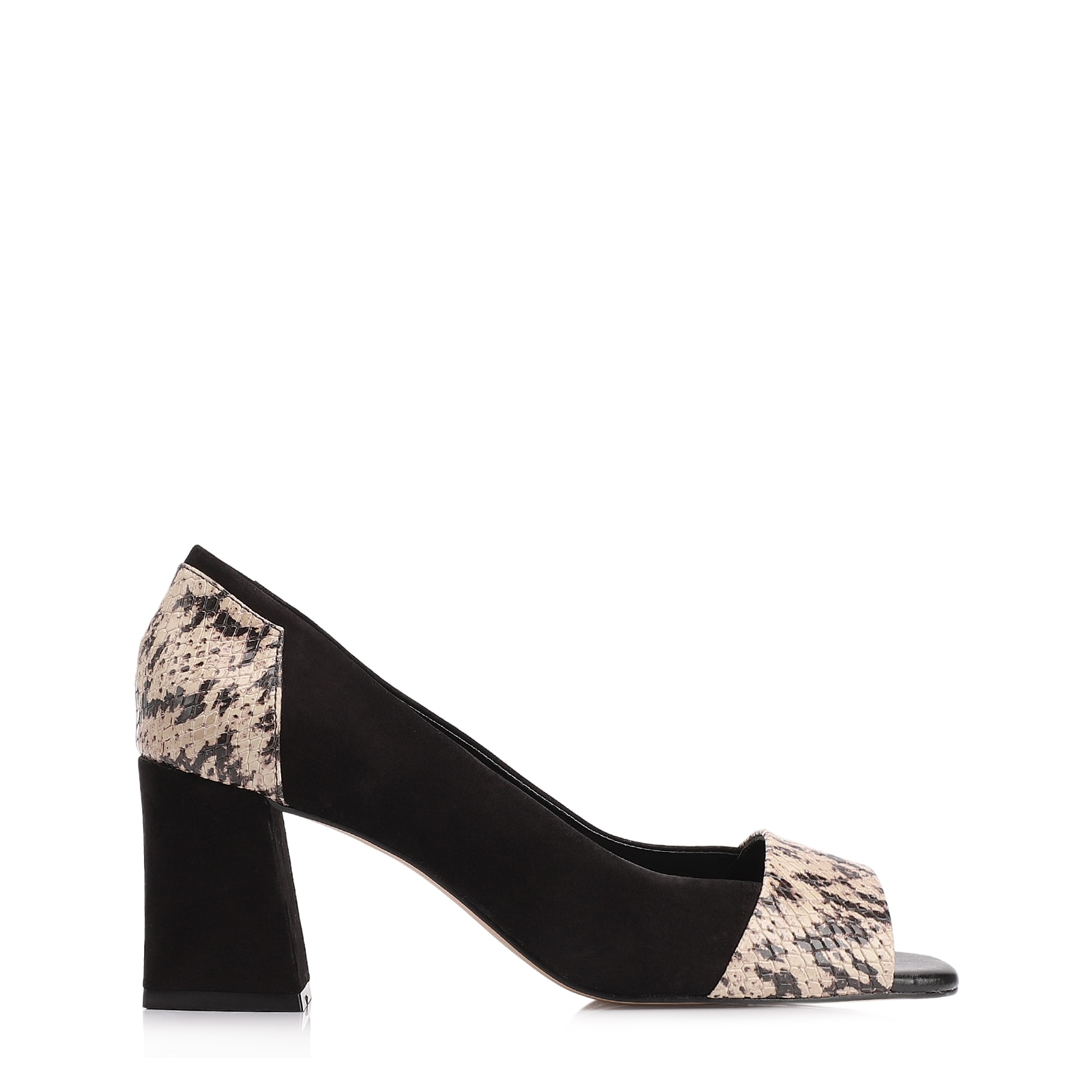 Peep Toe Couro Nobuck Preto/Alt Python Bege/Preto