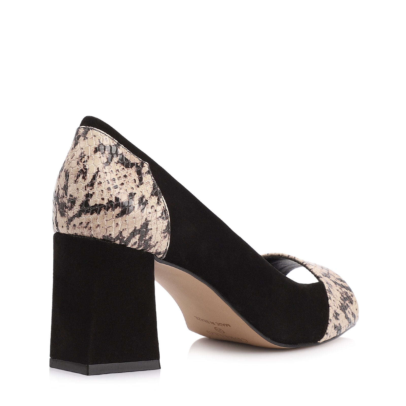 Peep Toe Couro Nobuck Preto/Alt Python Bege/Preto