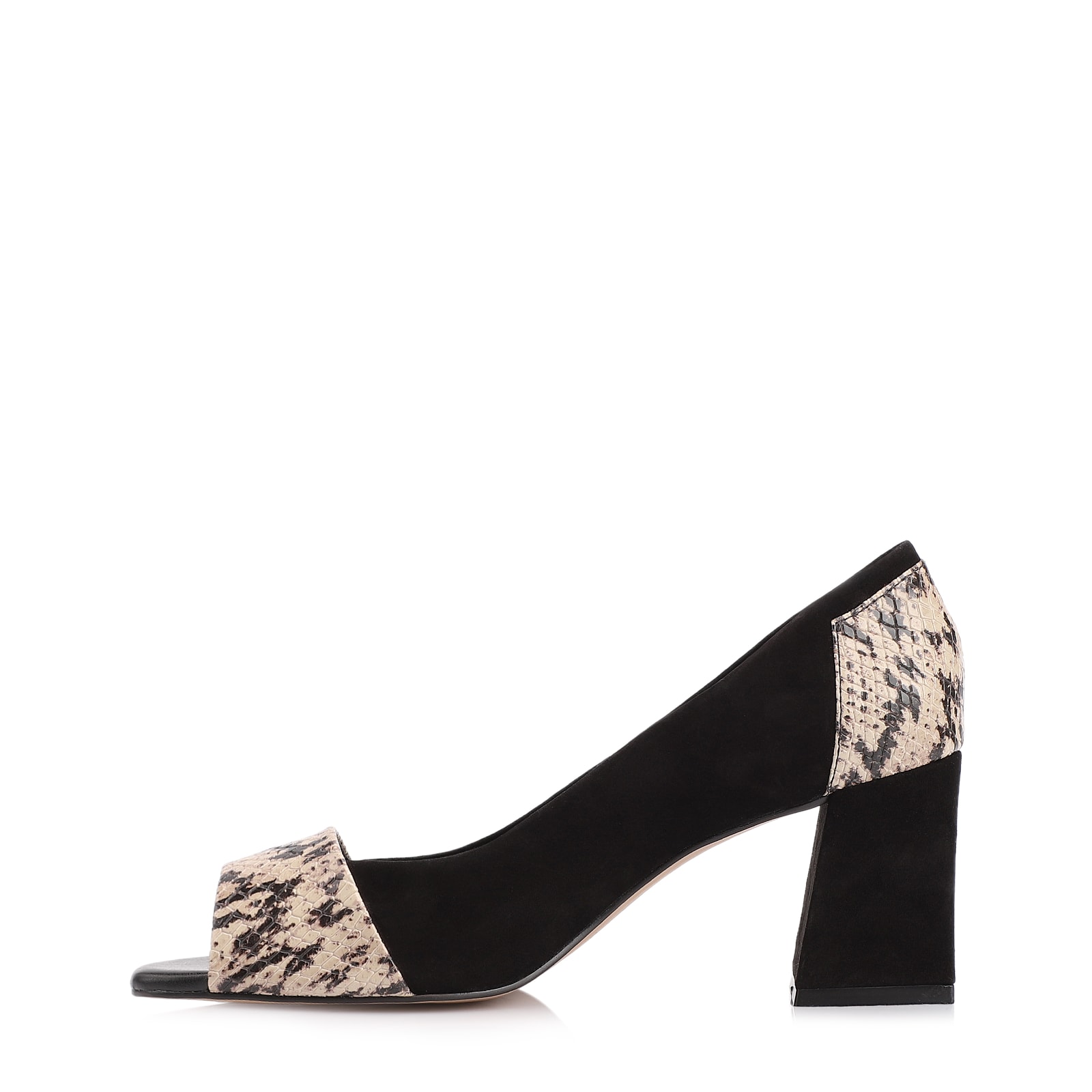 Peep Toe Couro Nobuck Preto/Alt Python Bege/Preto