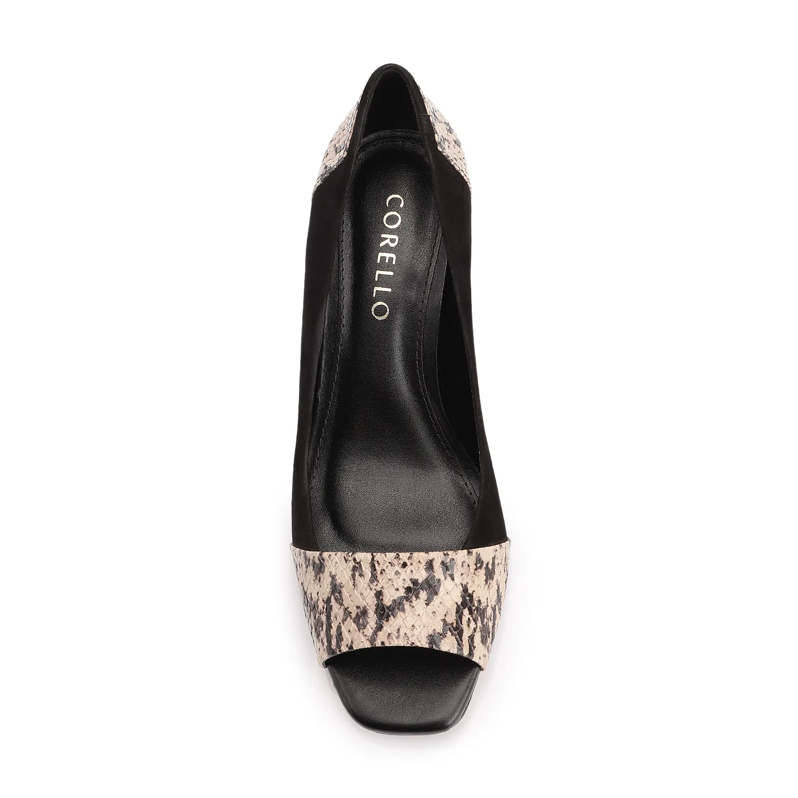 Peep Toe Couro Nobuck Preto/Alt Python Bege/Preto