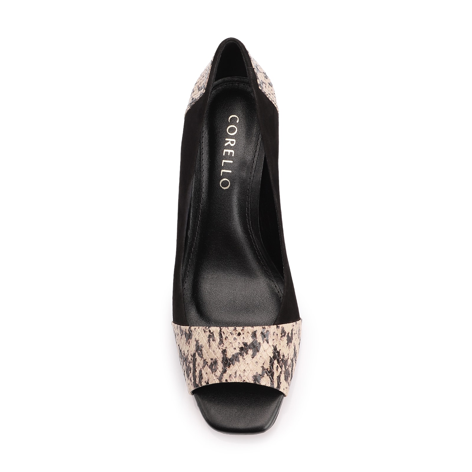Peep Toe Couro Nobuck Preto/Alt Python Bege/Preto