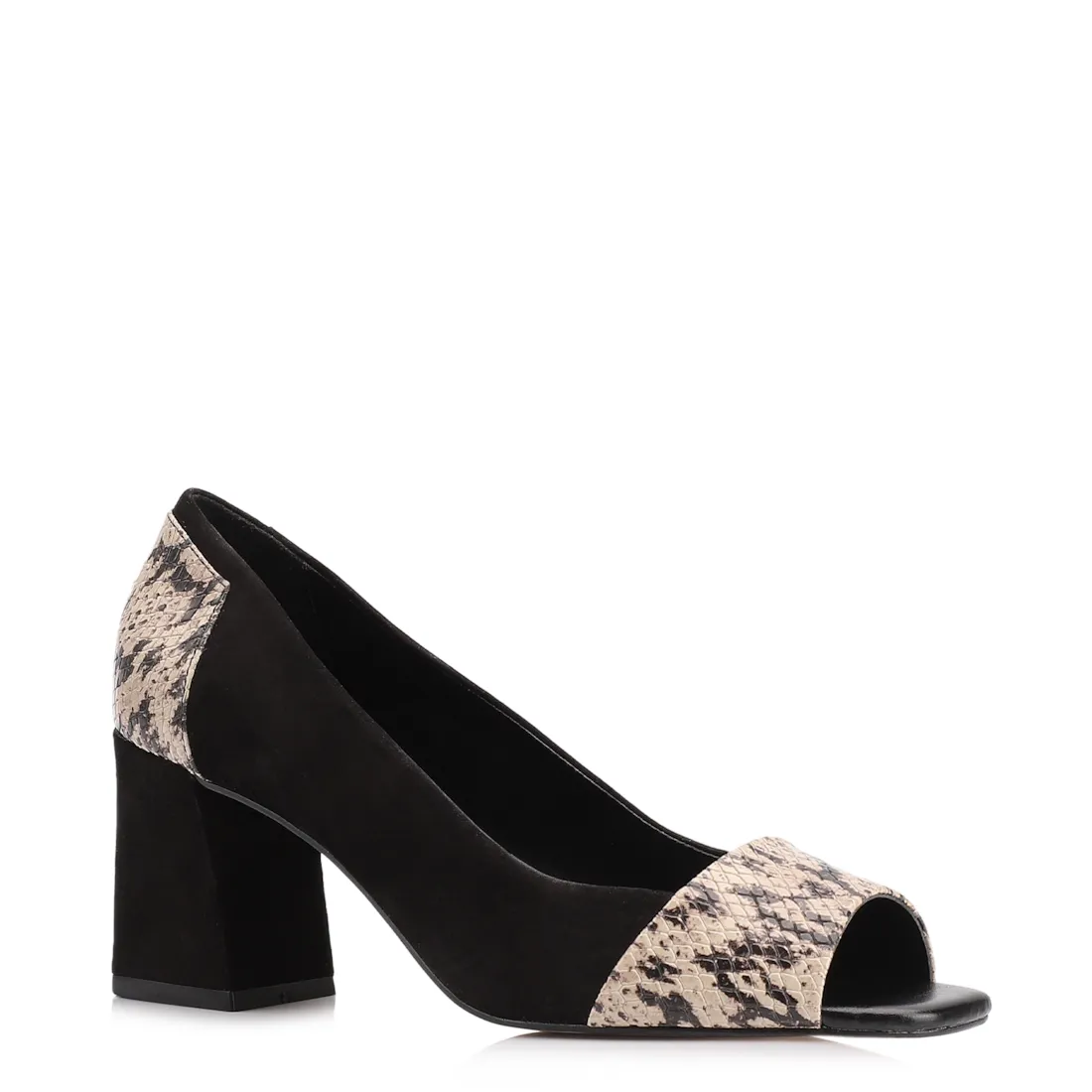 Peep Toe Couro Nobuck Preto/Alt Python Bege/Preto
