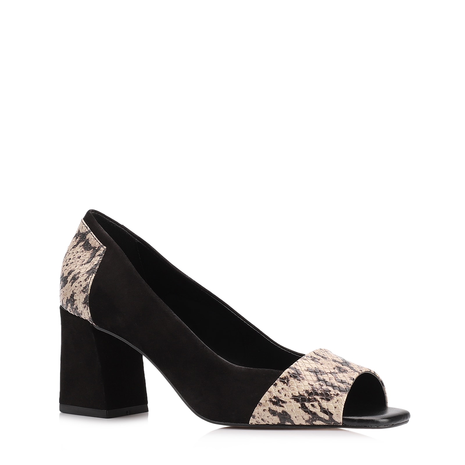 Peep Toe Couro Nobuck Preto/Alt Python Bege/Preto