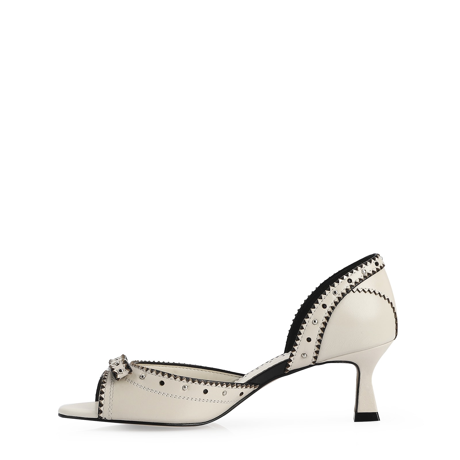 Peep Toe Couro Off White / Preto