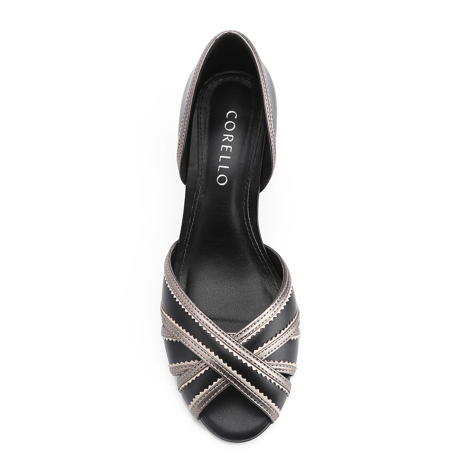 Peep Toe Couro Preto/Alt Prata/Off White