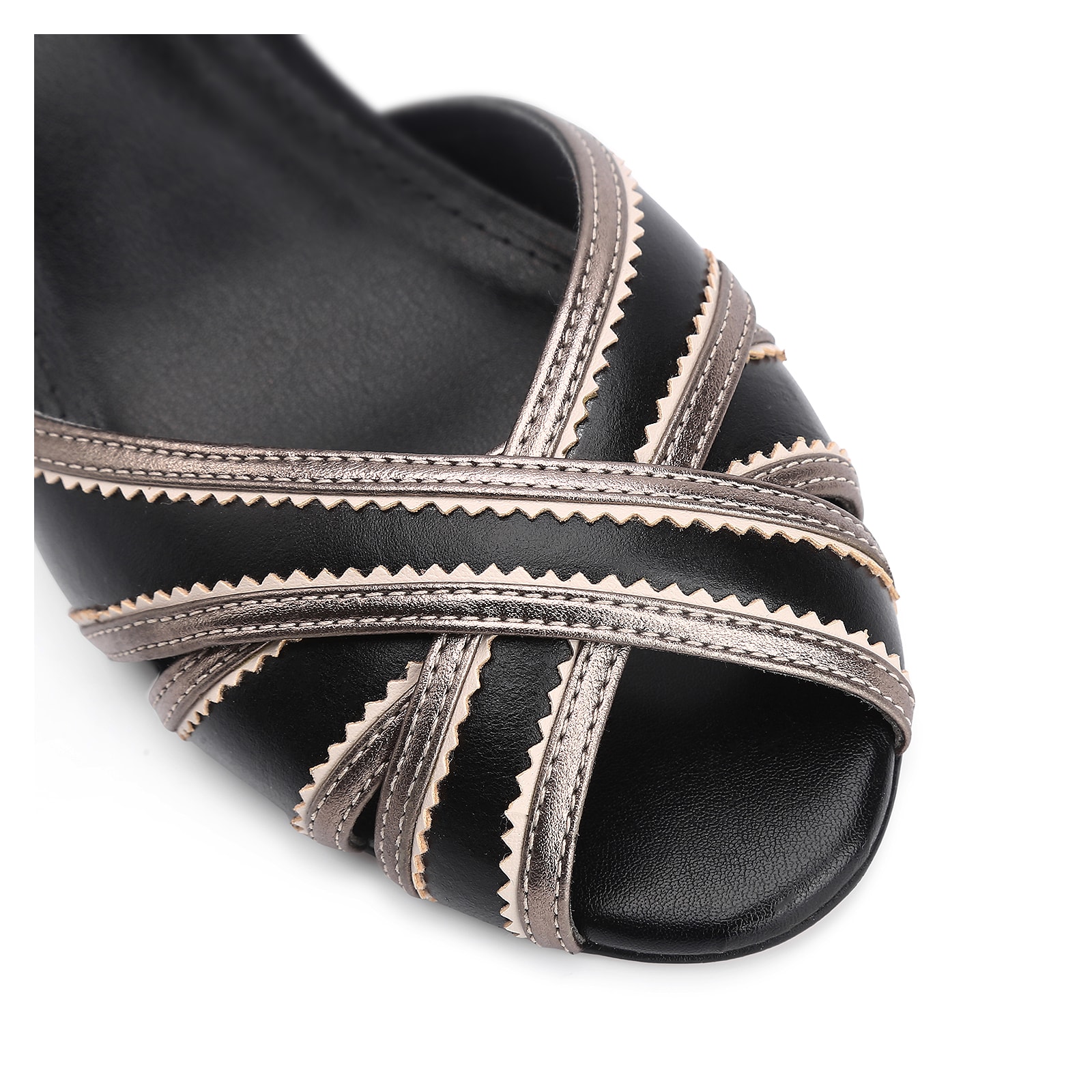 Peep Toe Couro Preto/Alt Prata/Off White