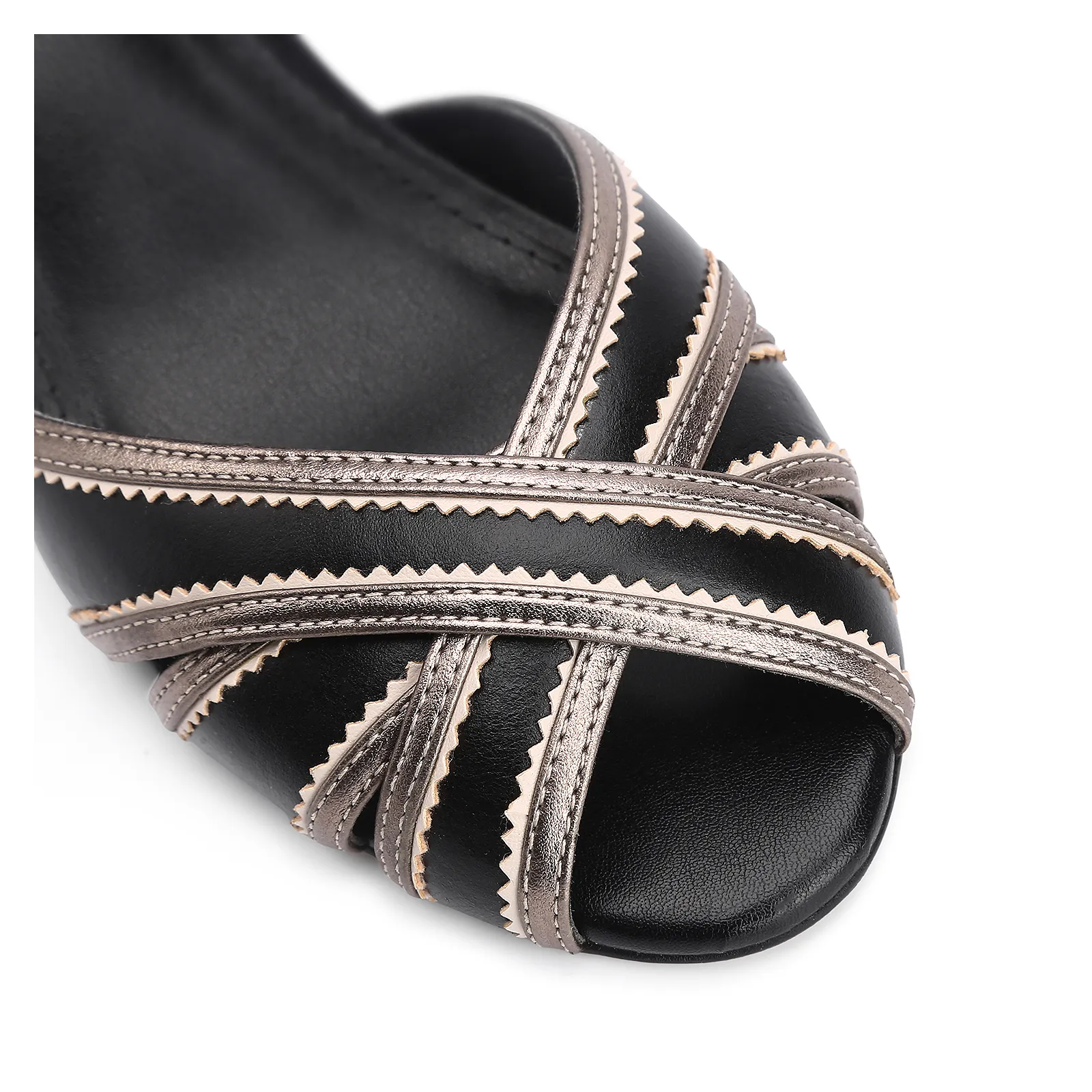 Peep Toe Couro Preto/Alt Prata/Off White