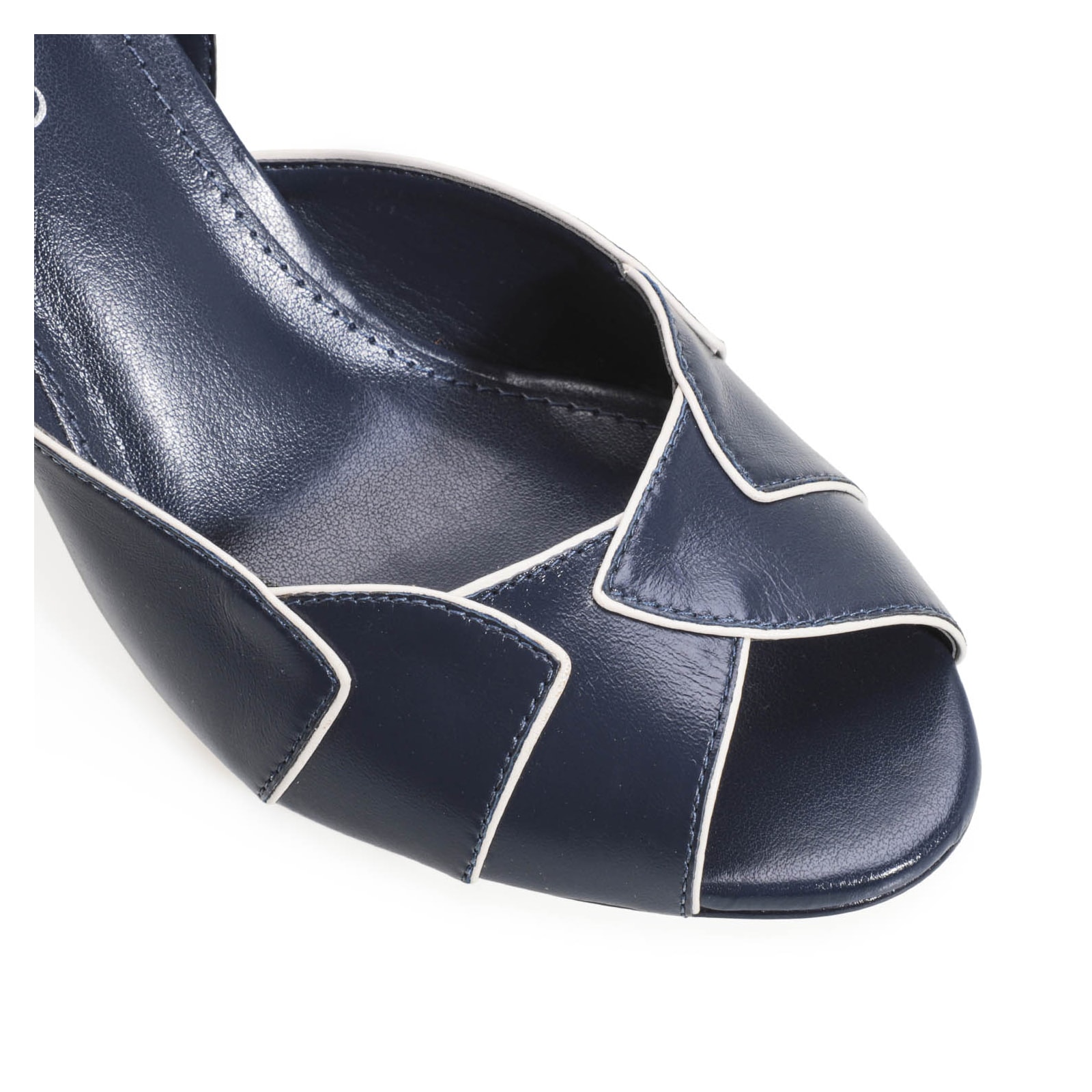 Peep Toe Details Couro Azul/Off White