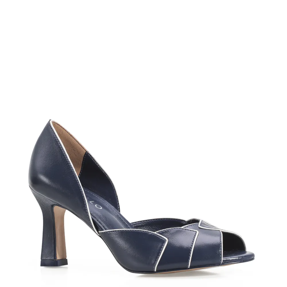 Peep Toe Details Couro Azul/Off White