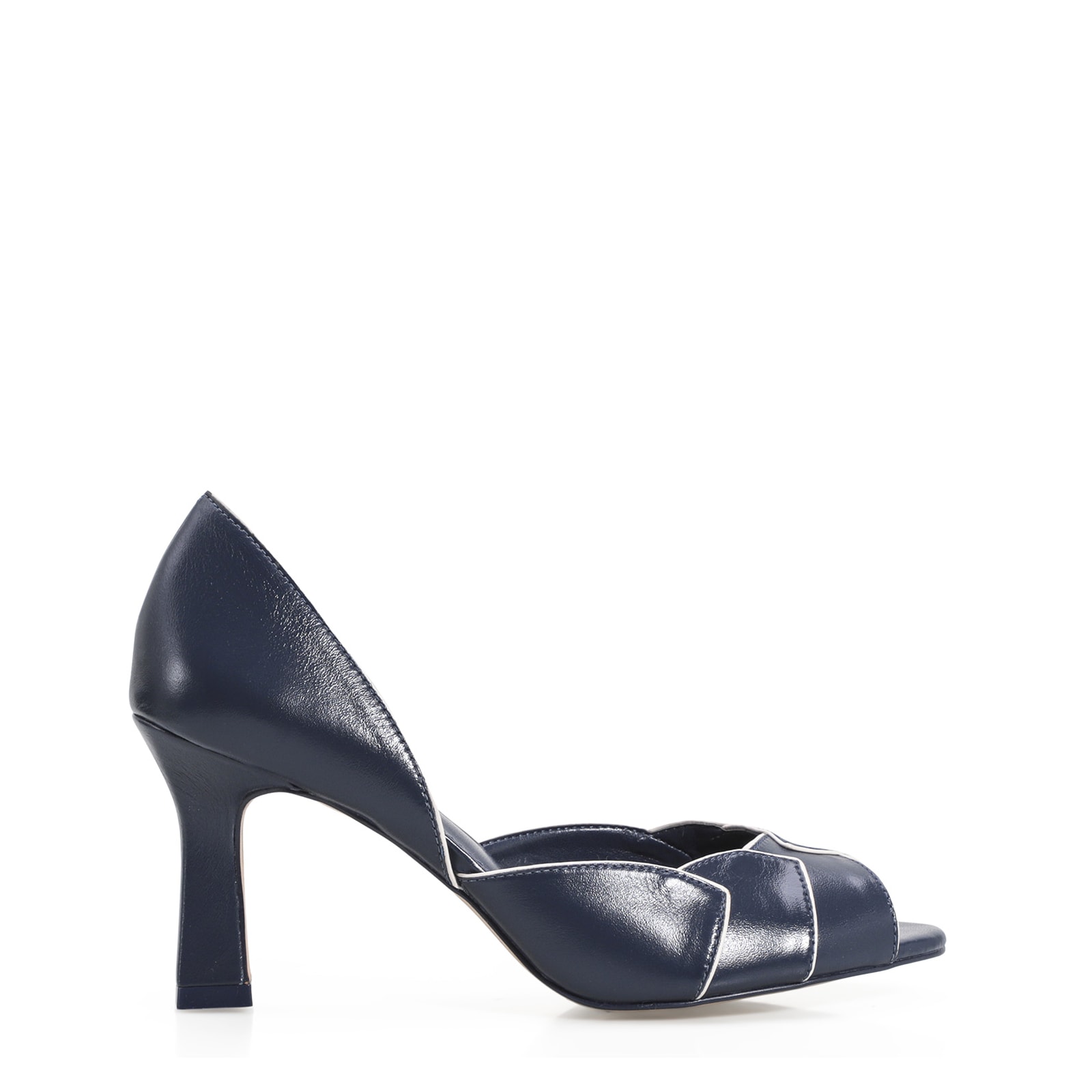 Peep Toe Details Couro Azul/Off White