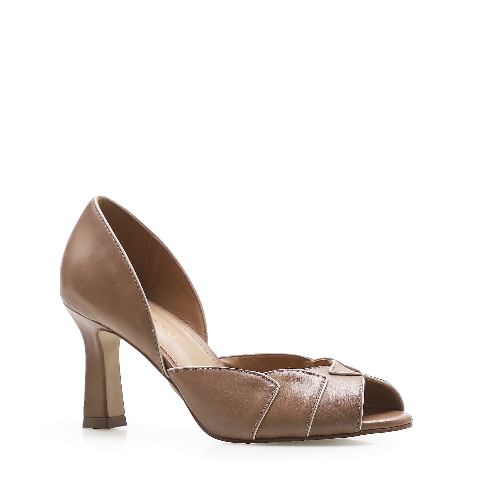 Peep Toe Details Couro Bege