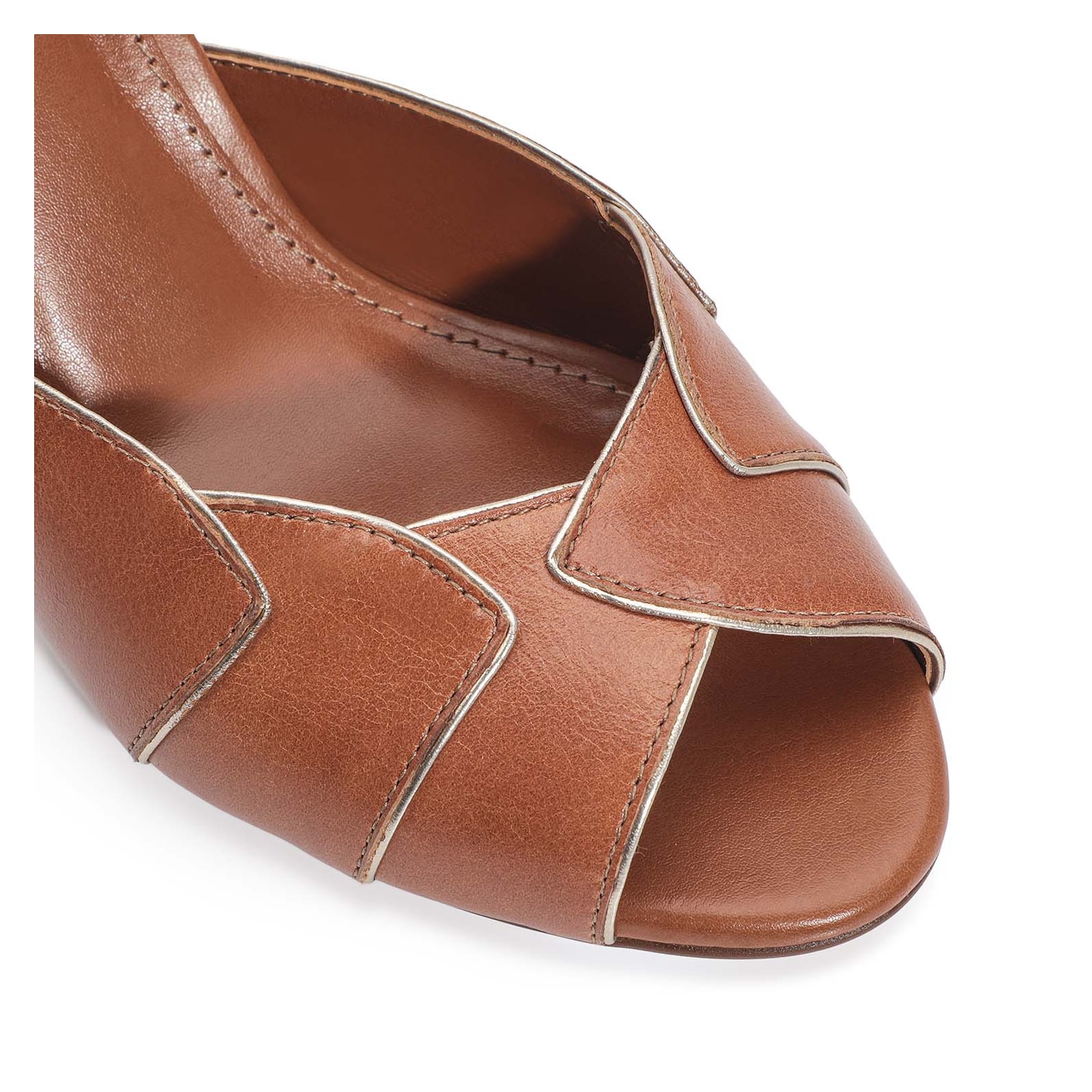 Peep Toe Details Couro Caramelo
