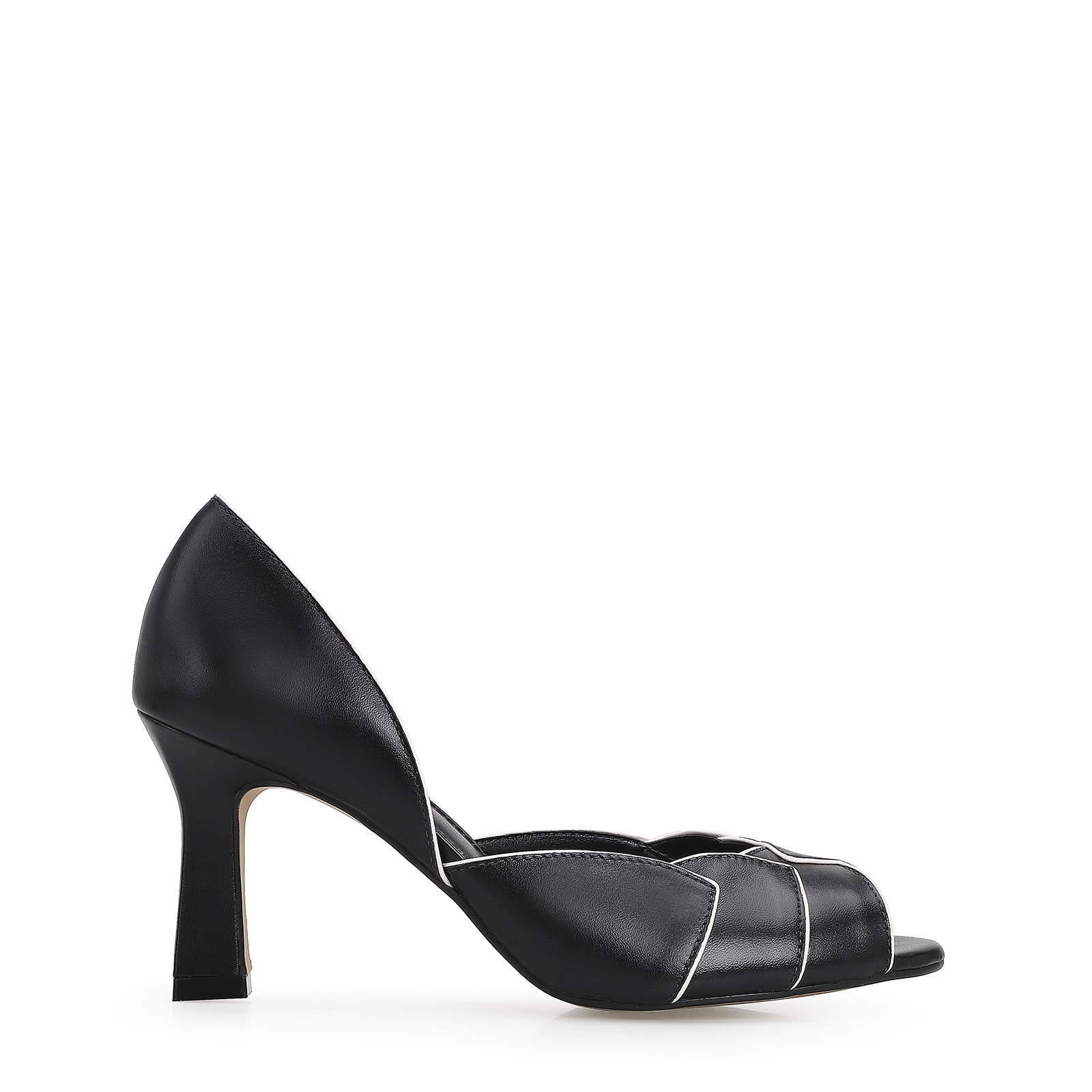 Peep Toe Details Couro Preto