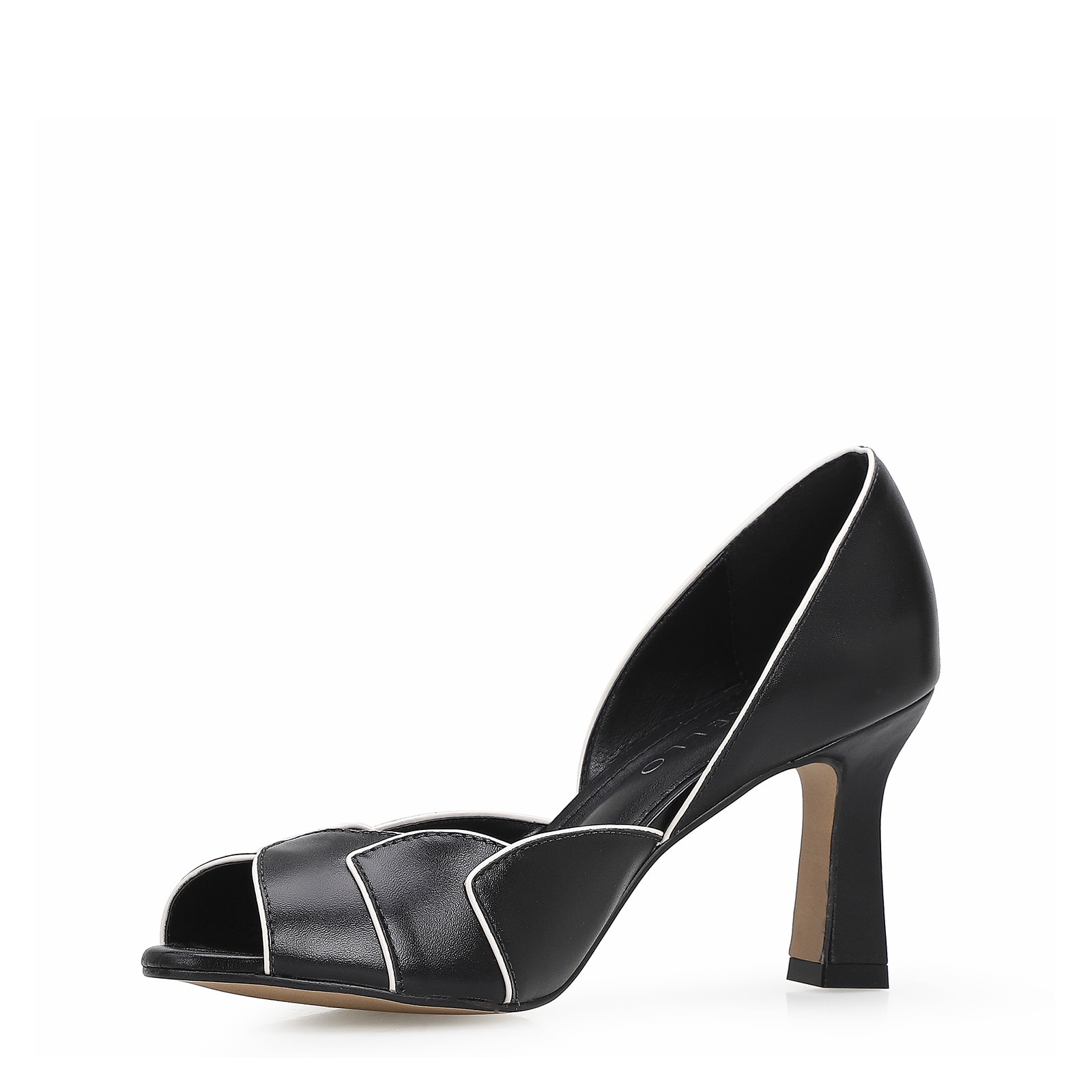 Peep Toe Details Couro Preto/Off White