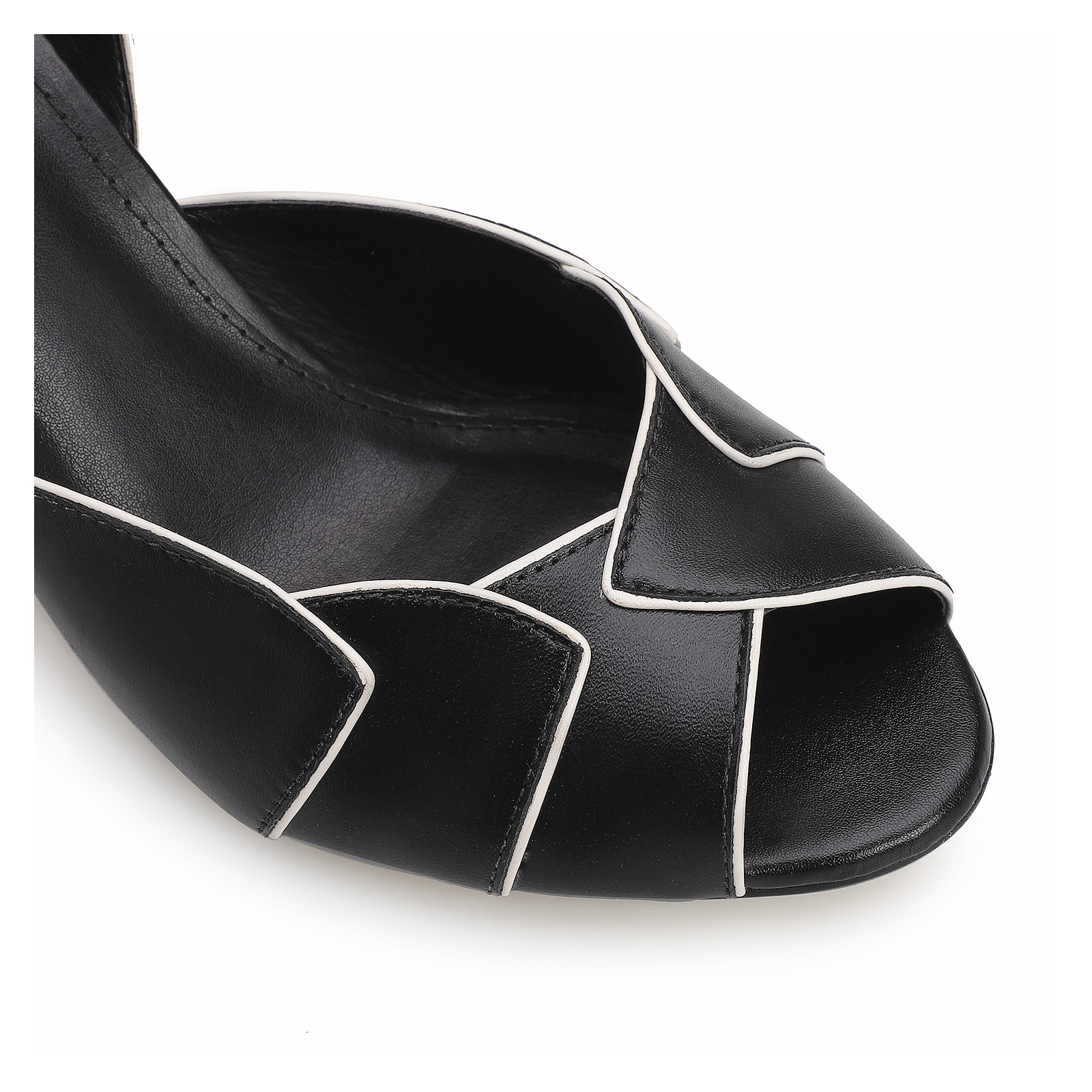 Peep Toe Details Couro Preto/Off White