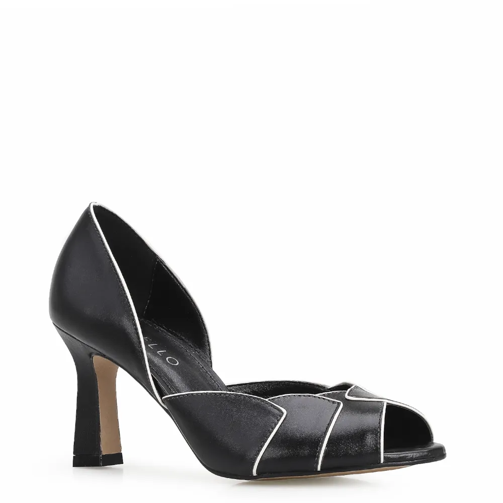 Peep Toe Details Couro Preto/Off White
