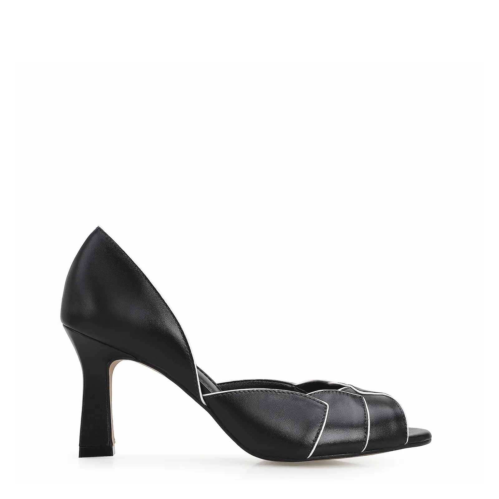 Peep Toe Details Couro Preto/Off White