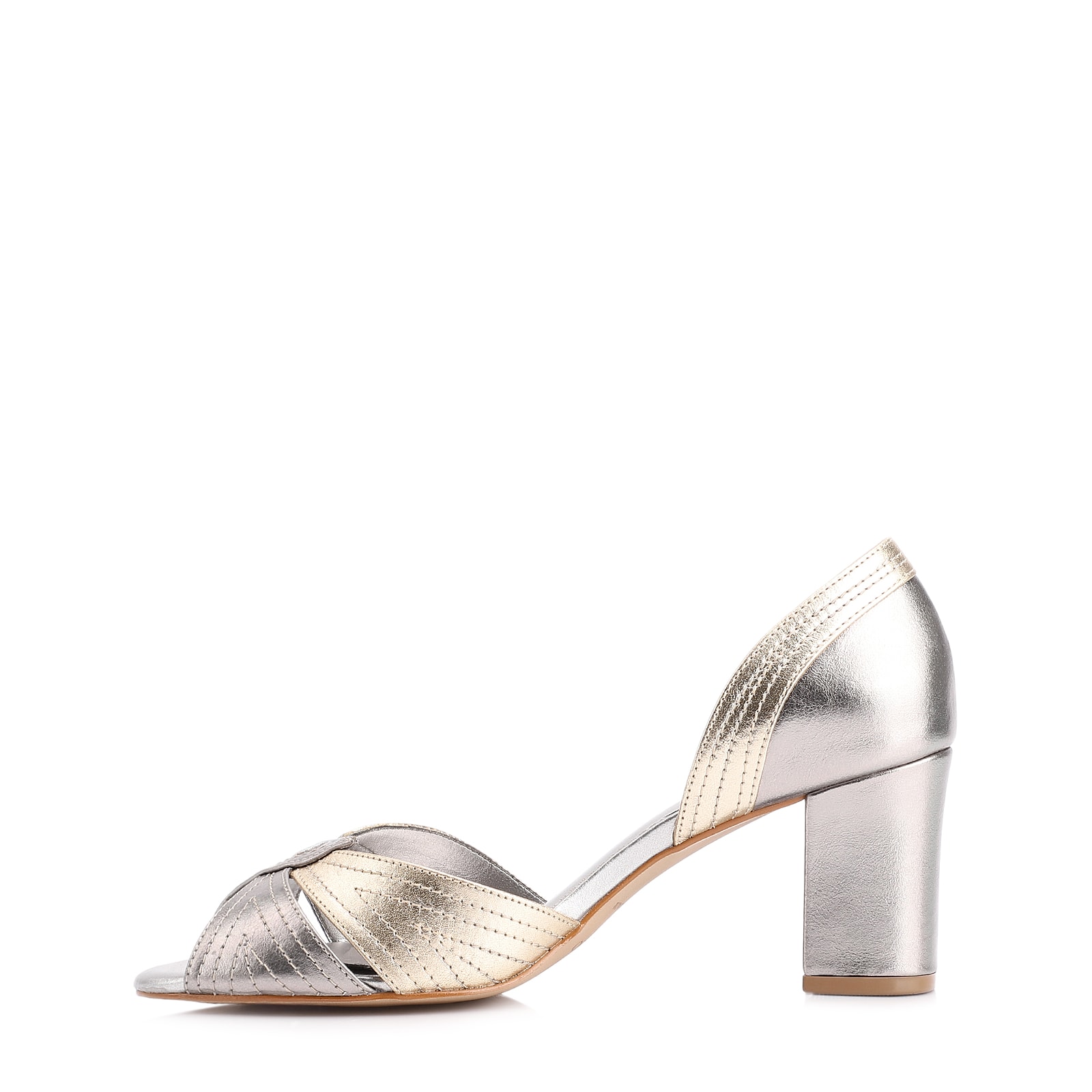 Peep Toe Folha Couro Prata/Dourado/Grafite