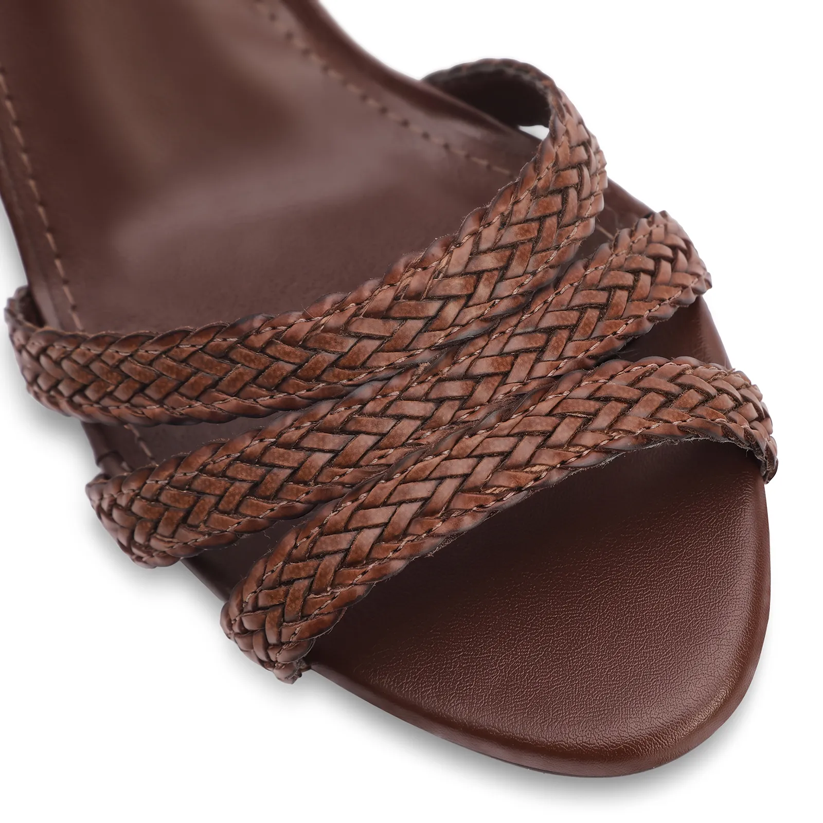Peep Toe Marrom Escuro Salto Fino Alto Couro/Alt Tiras Tramadas