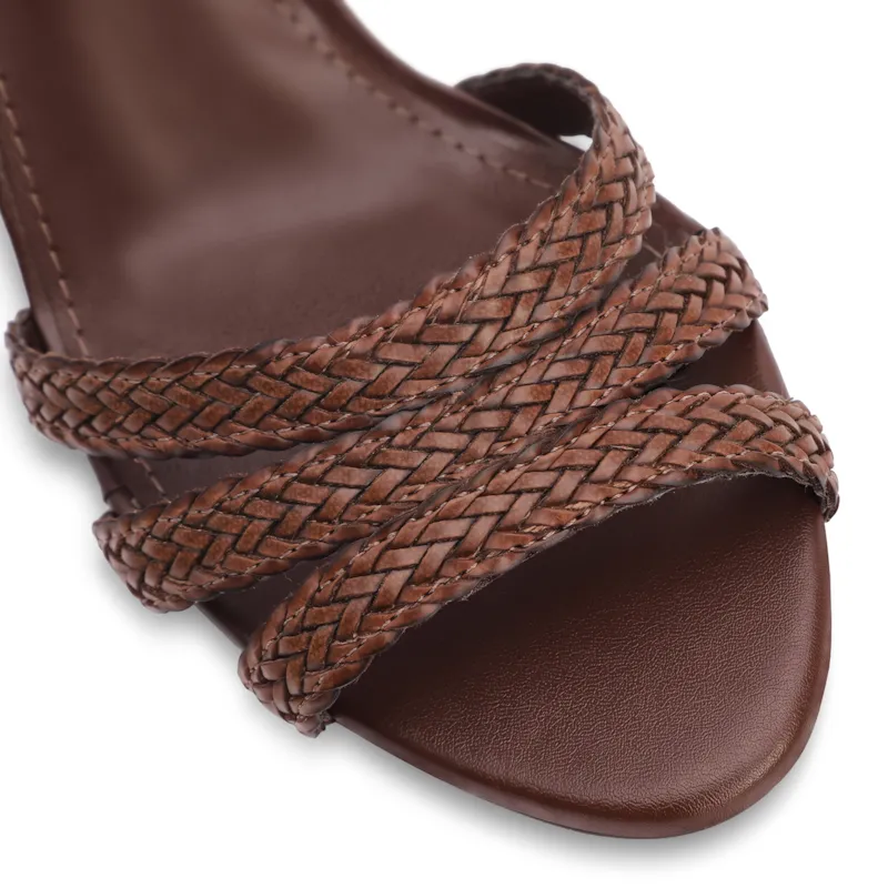 Peep Toe Marrom Escuro Salto Fino Alto Couro/Alt Tiras Tramadas - foto 6