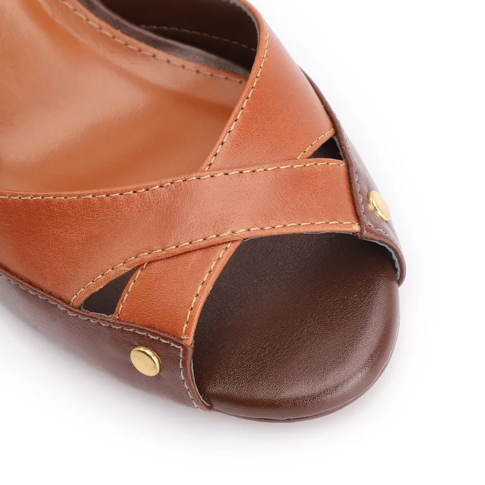 Peep Toe Marrom Salto Bloco Fino Alto Couro Tira Cruzada - imagem 6