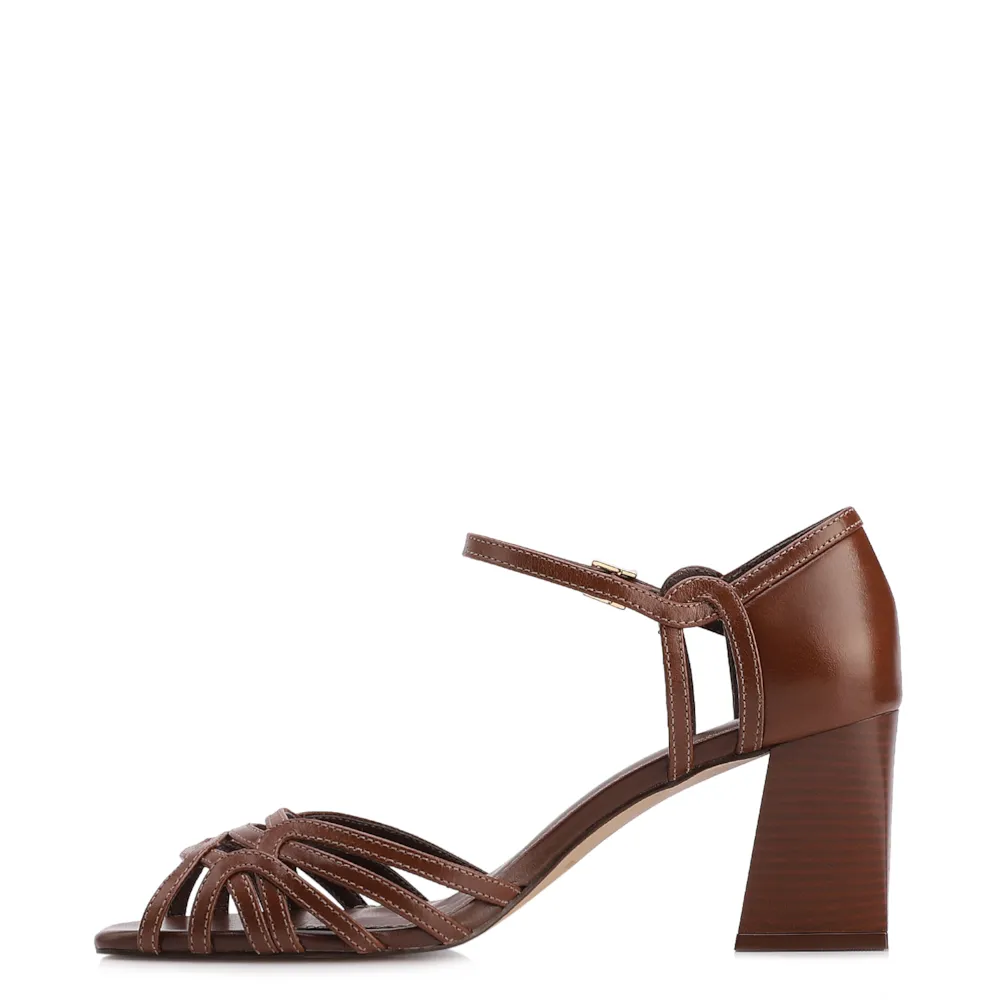  Peep Toe Marrom Salto Bloco Médio Couro Tiras Finas - imagem 4