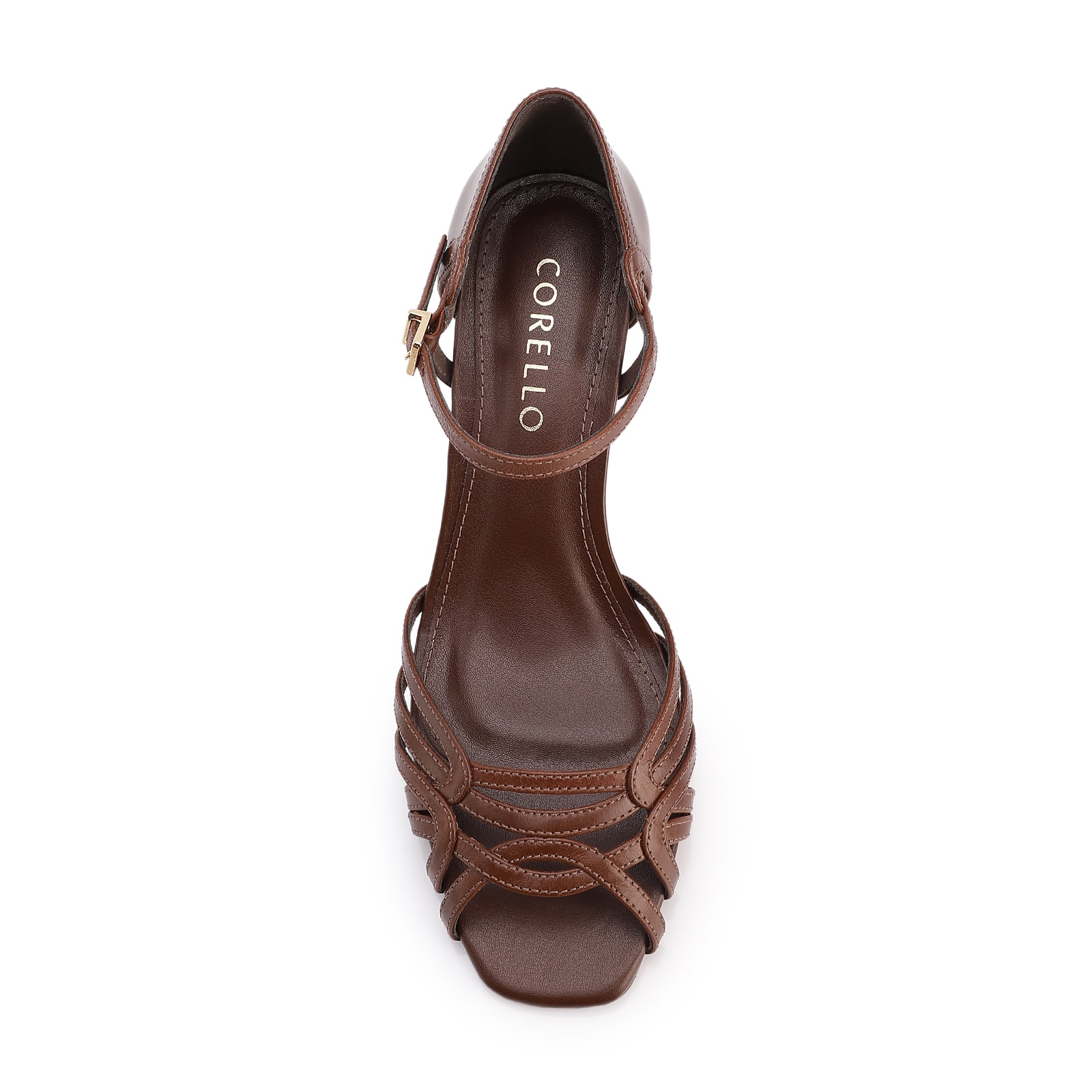 Peep Toe Marrom Salto Bloco Médio Couro Tiras Finas