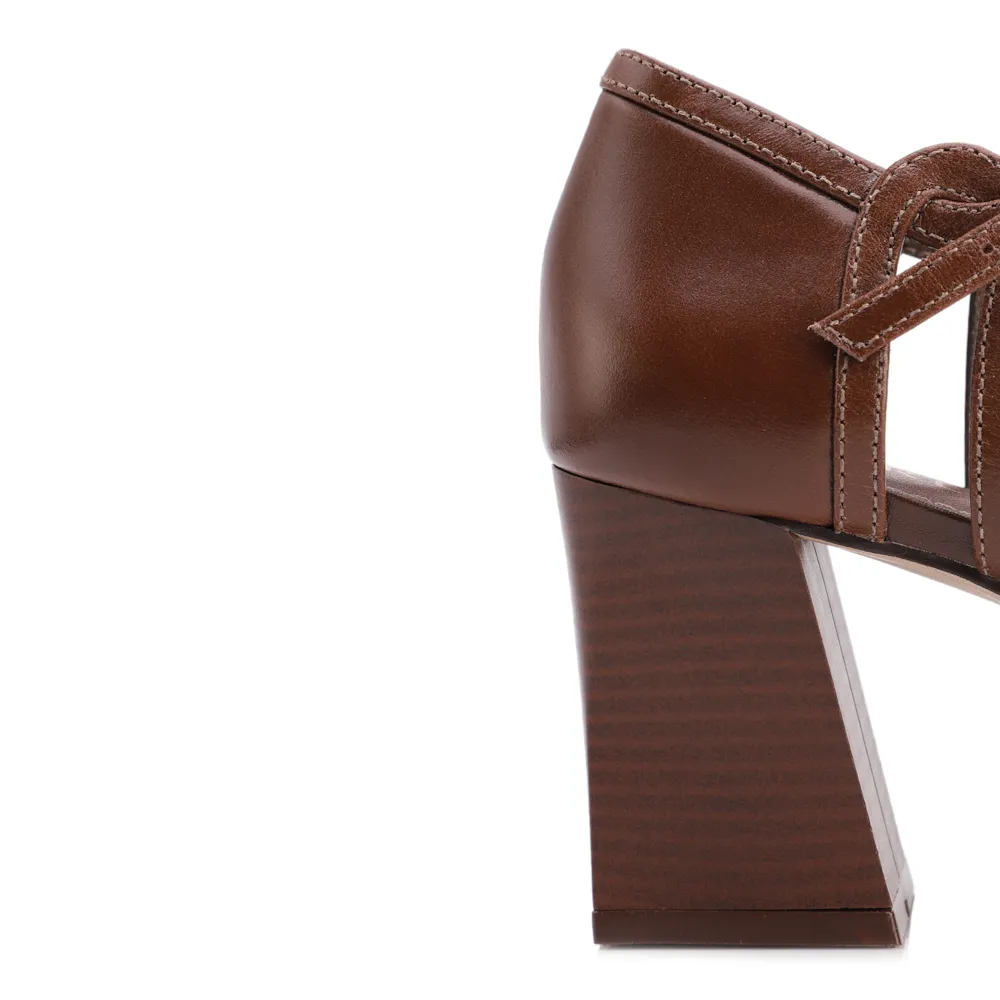  Peep Toe Marrom Salto Bloco Médio Couro Tiras Finas - imagem 7