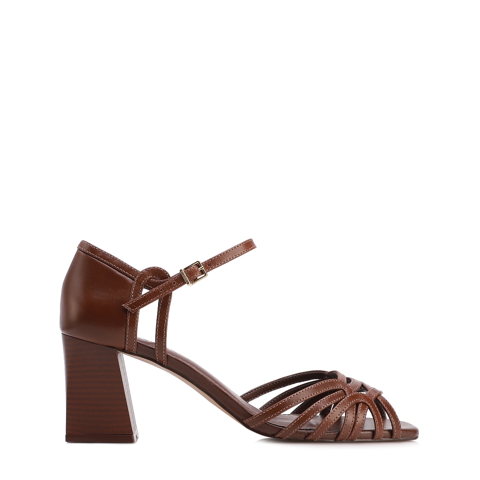 Peep Toe Marrom Salto Bloco Médio Couro Tiras Finas