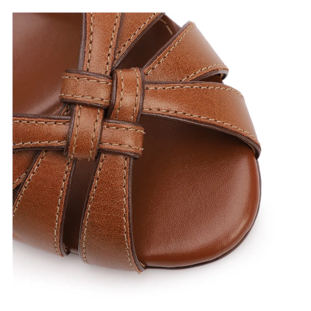 Peep Toe Marrom Salto Grosso Alto Couro/Alt Tiras Entrelaçadas - imagem 6
