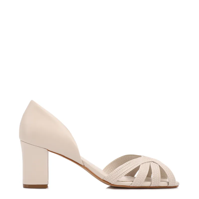 Peep Toe Off White Salto Bloco Médio Couro Tiras Finas - foto 2