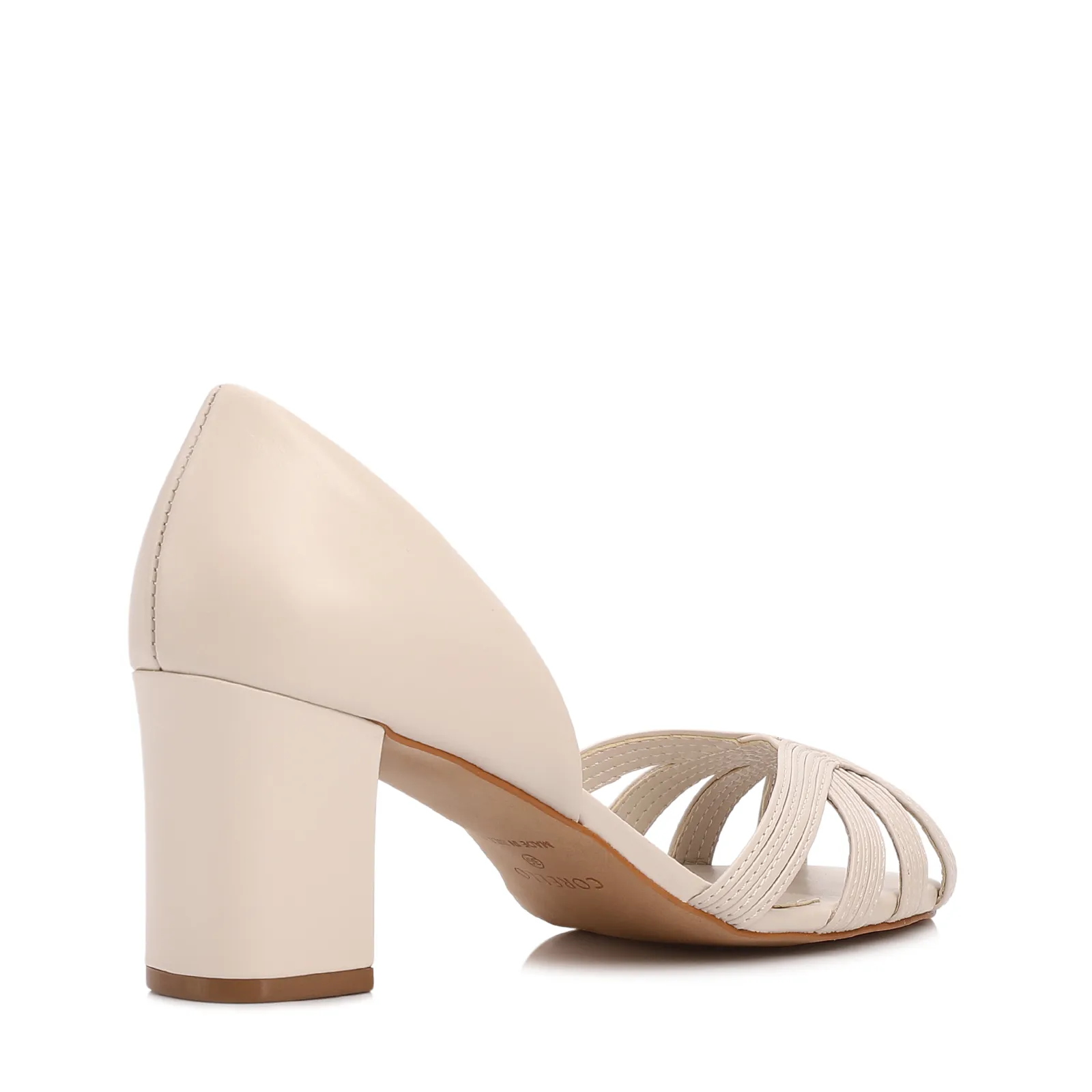 Peep Toe Off White Salto Bloco Médio Couro Tiras Finas