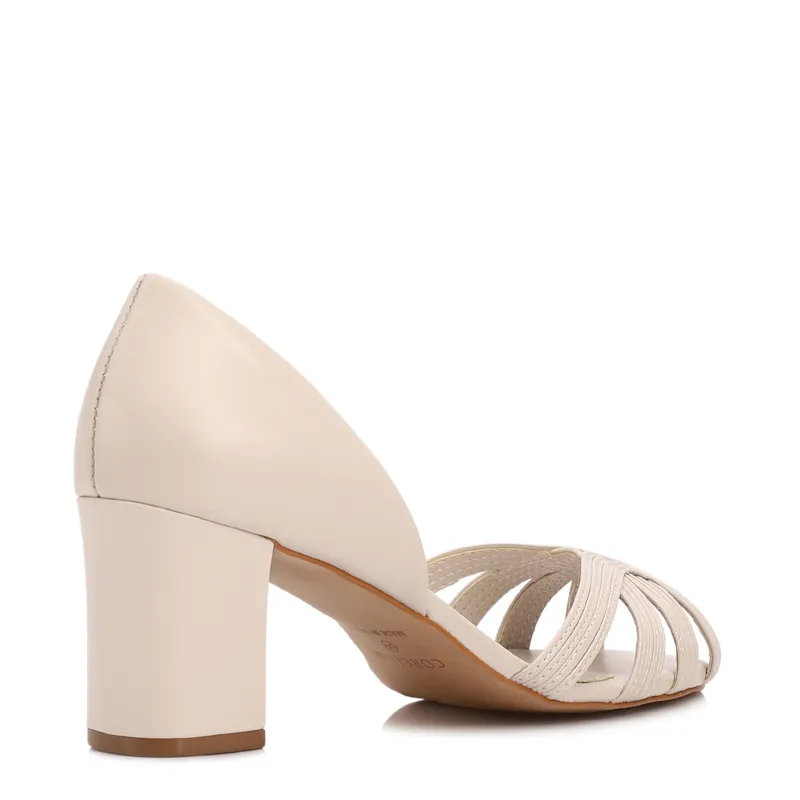 Peep Toe Off White Salto Bloco Médio Couro Tiras Finas - foto 3
