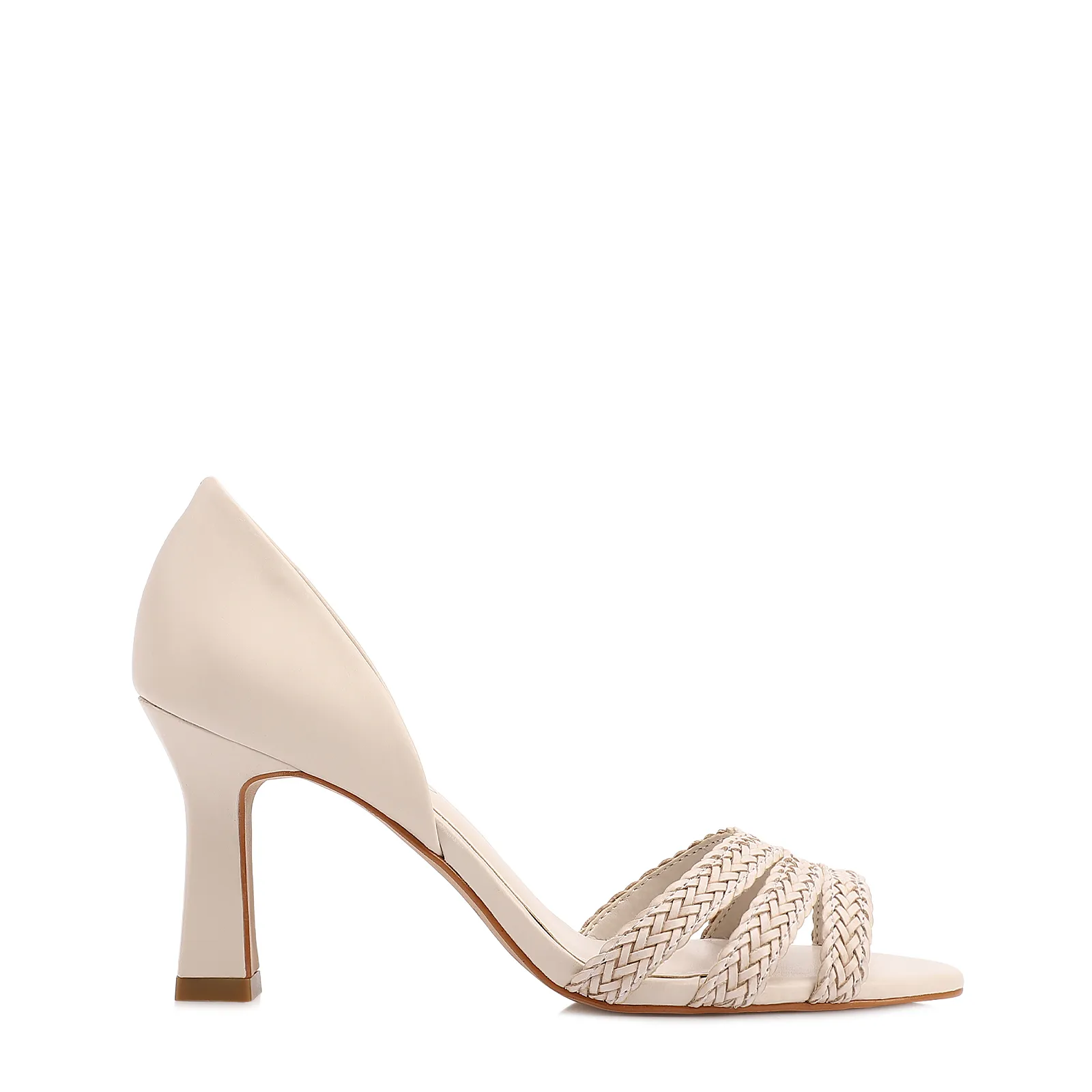 Peep Toe Off White Salto Fino Alto Couro/Alt Tiras Tramadas