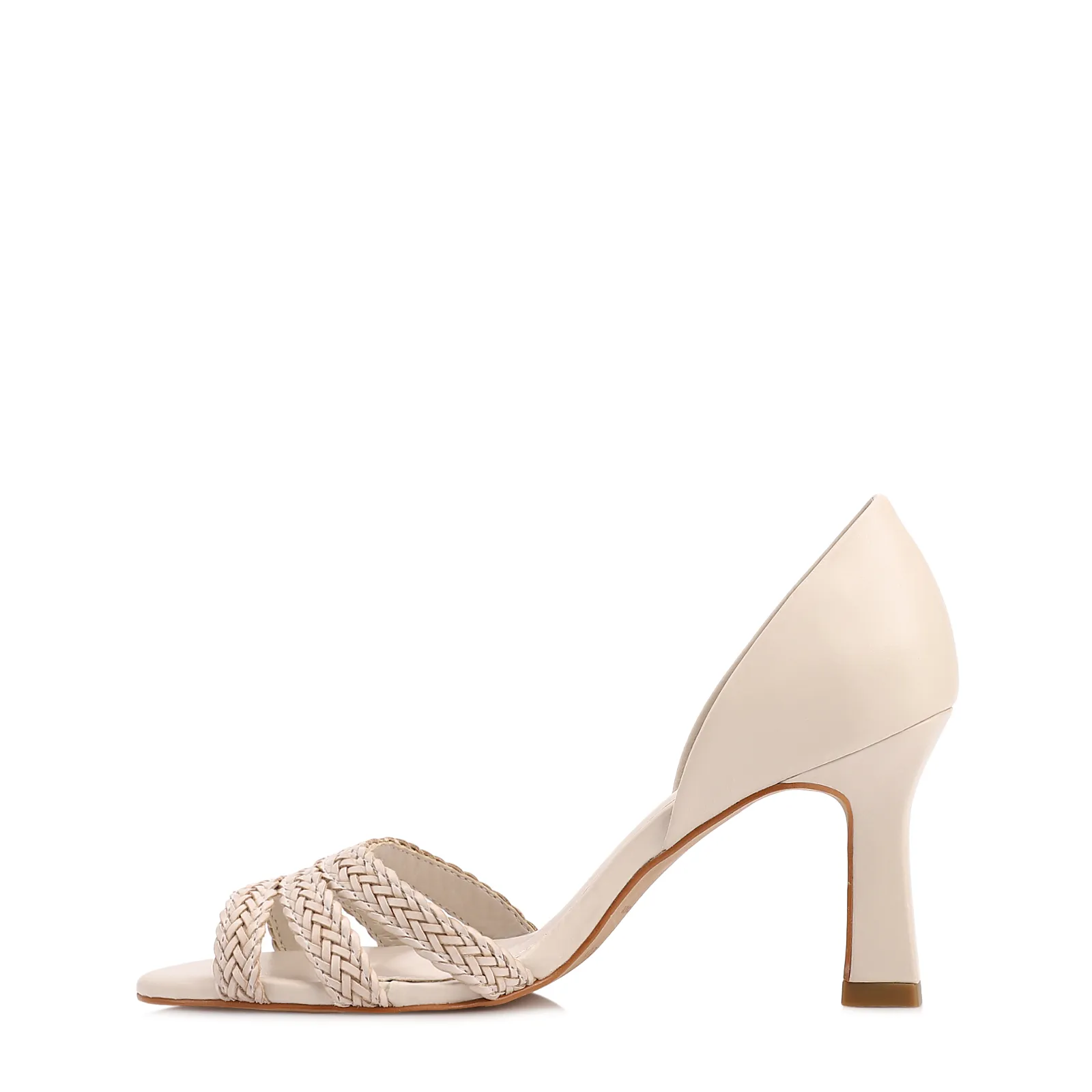 Peep Toe Off White Salto Fino Alto Couro/Alt Tiras Tramadas