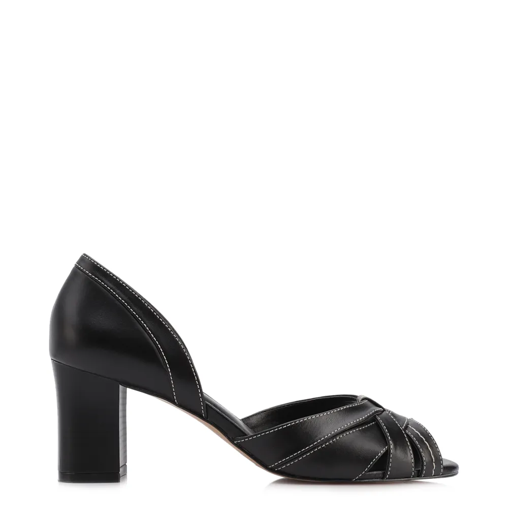 Peep Toe Preto Salto Bloco Médio Couro Pesponto - imagem 3