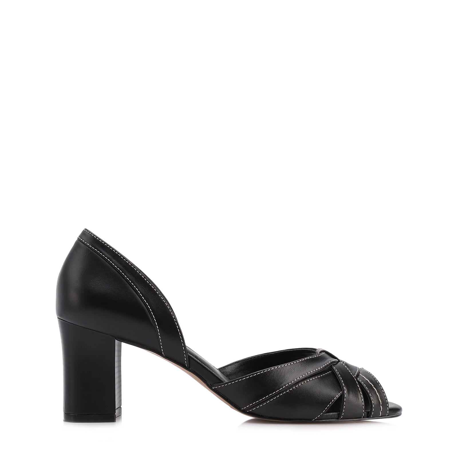Peep Toe Preto Salto Bloco Médio Couro Pesponto