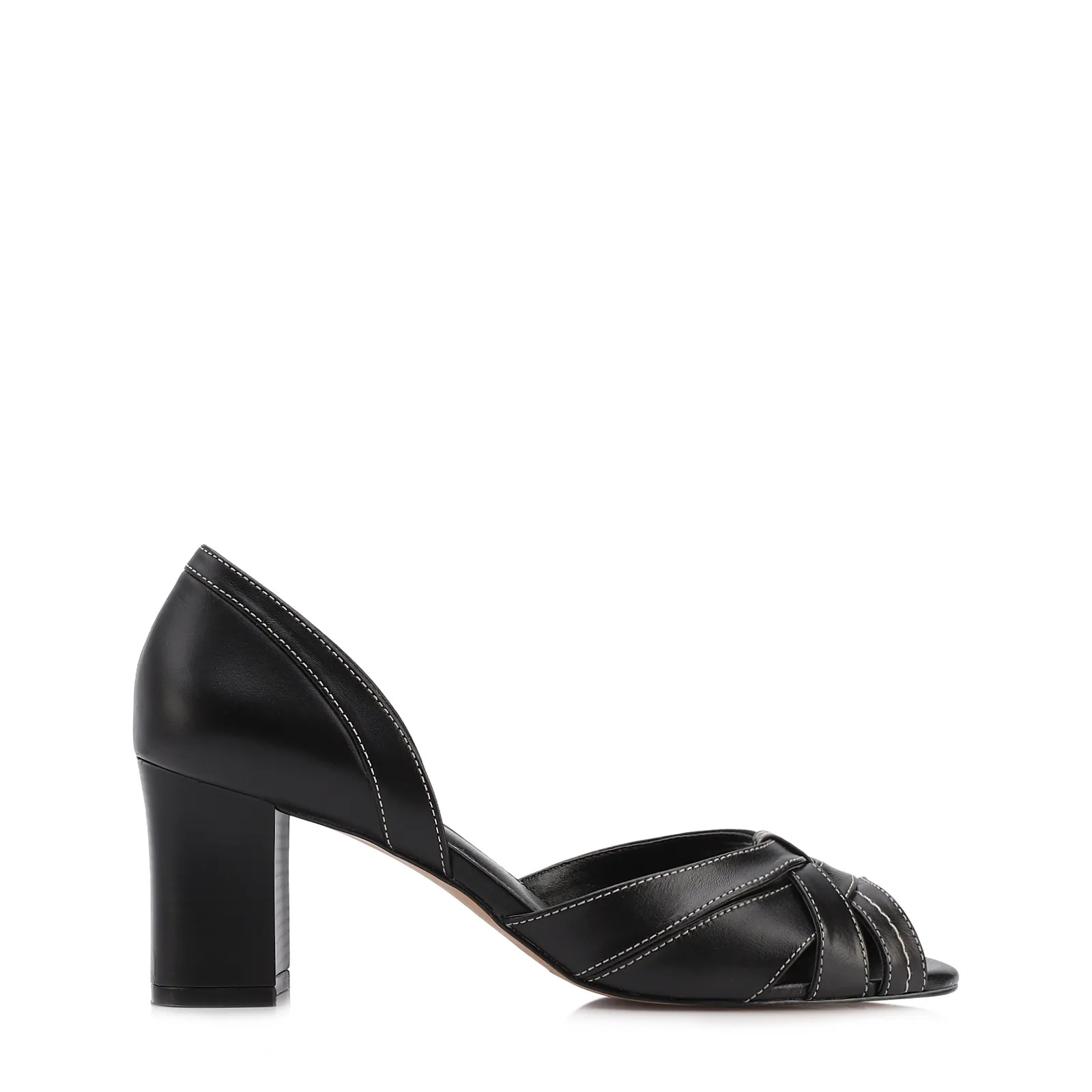 Peep Toe Preto Salto Bloco Médio Couro Pesponto