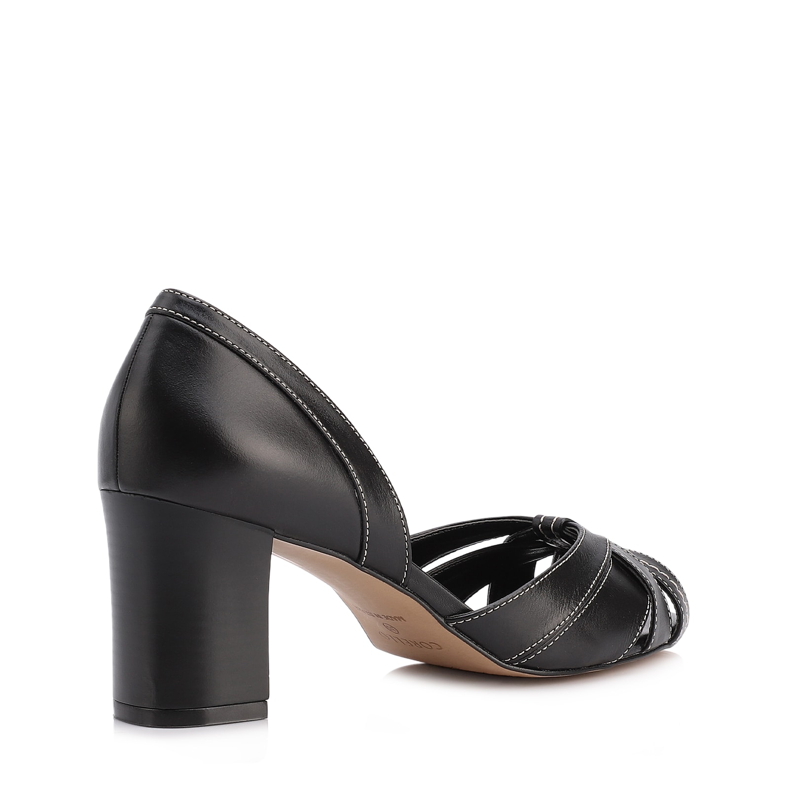 Peep Toe Preto Salto Bloco Médio Couro Pesponto