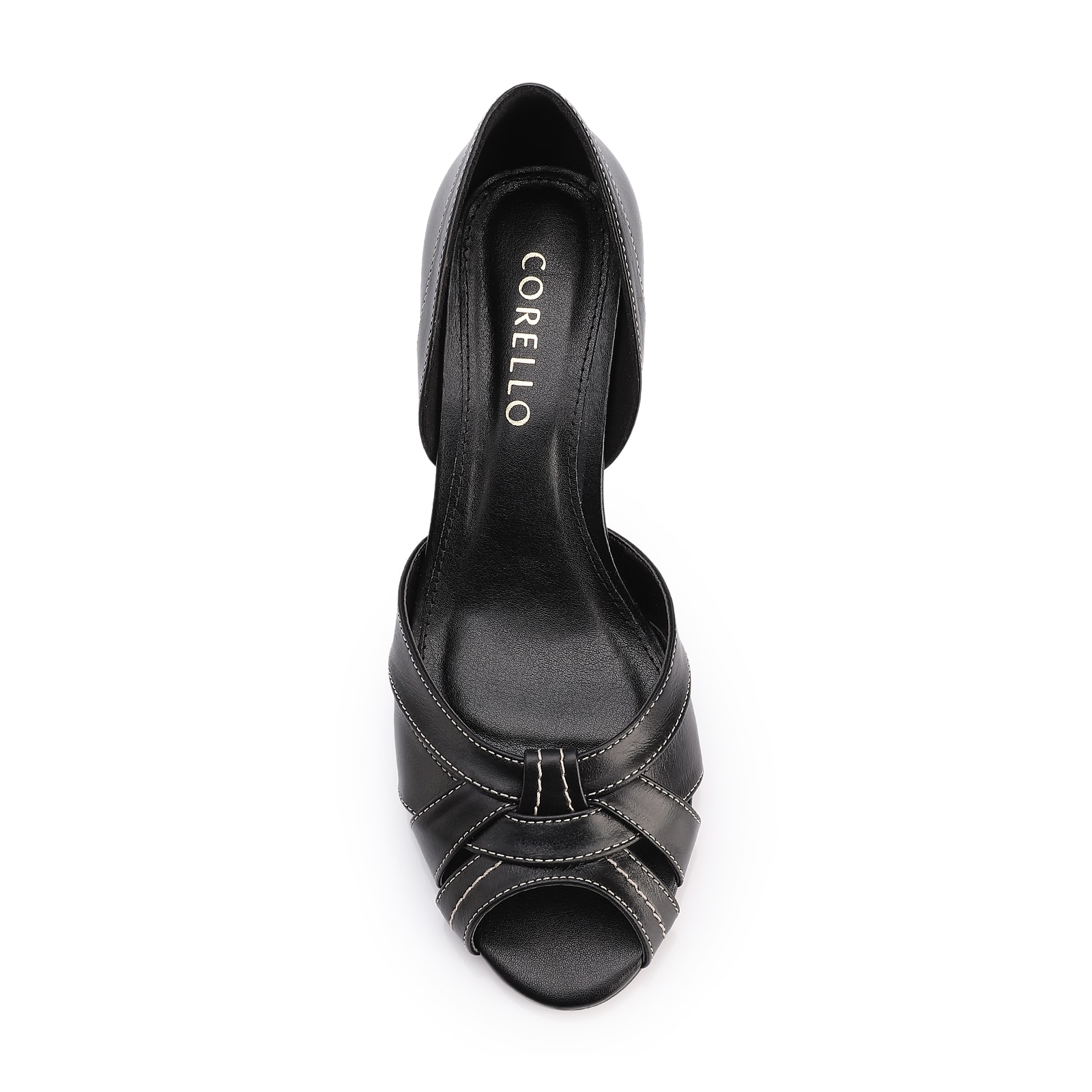 Peep Toe Preto Salto Bloco Médio Couro Pesponto