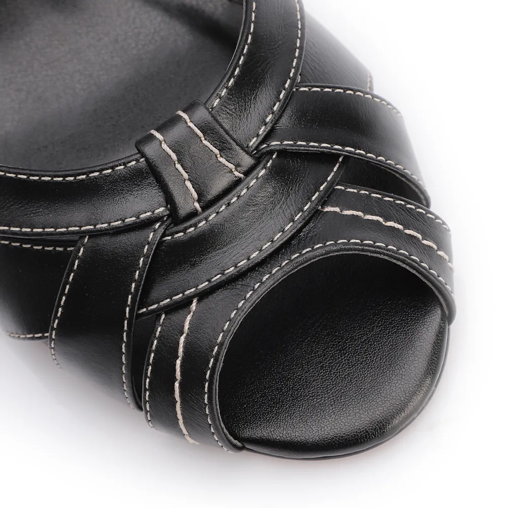 Peep Toe Preto Salto Bloco Médio Couro Pesponto - imagem 7