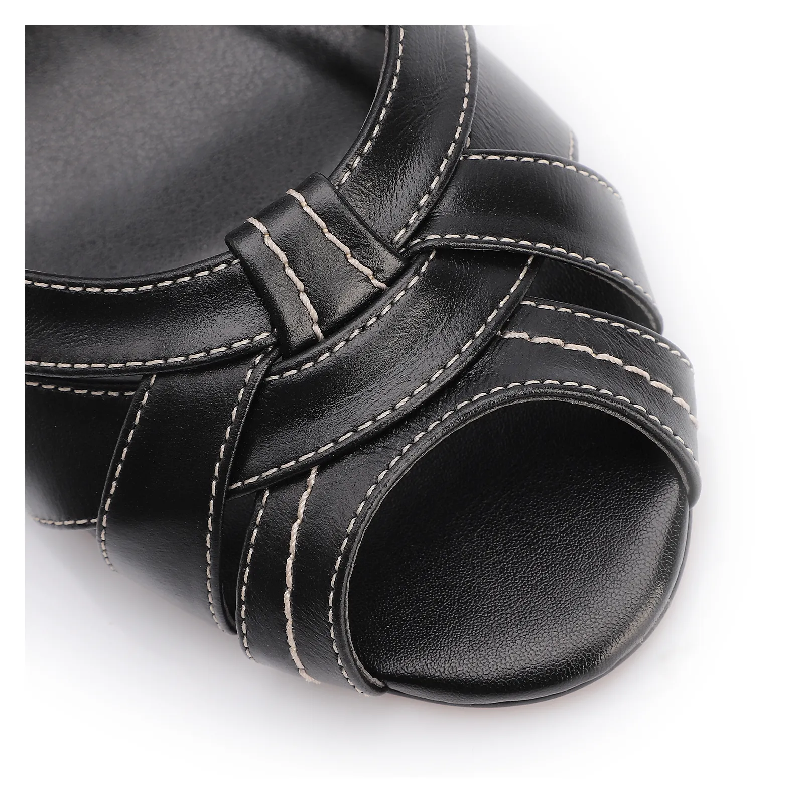 Peep Toe Preto Salto Bloco Médio Couro Pesponto