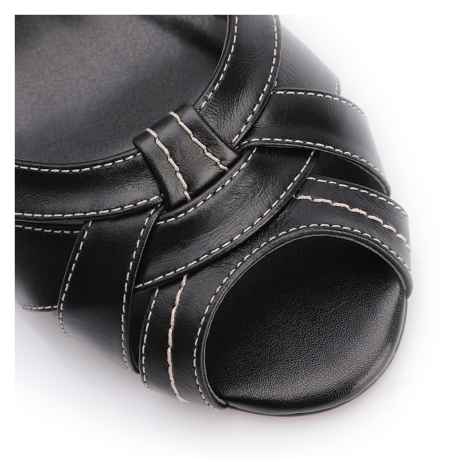 Peep Toe Preto Salto Bloco Médio Couro Pesponto