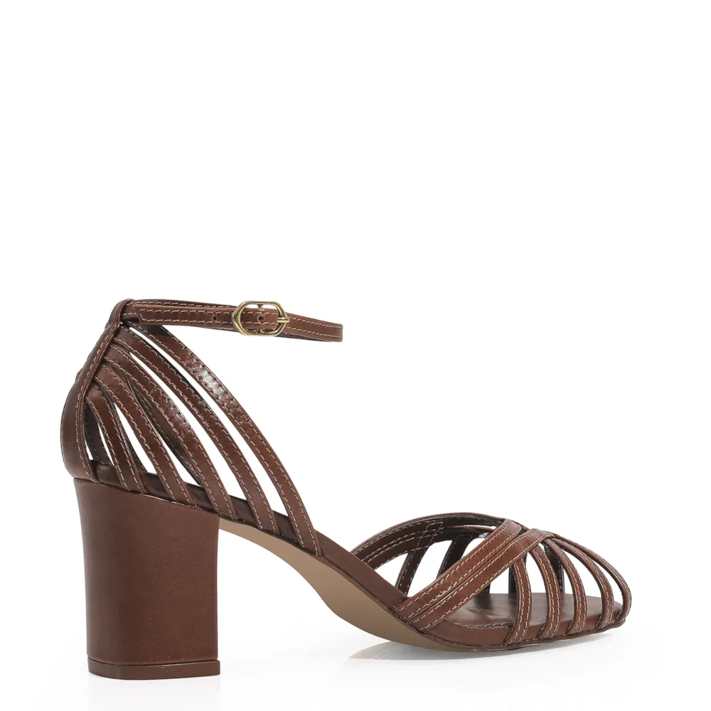 Peep Toe Tiras Couro Marrom Escuro - imagem 4