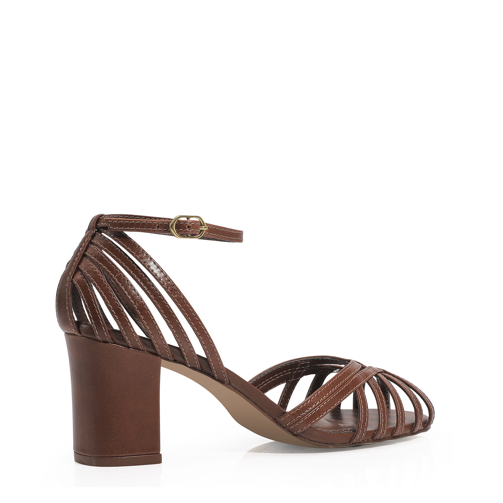 Peep Toe Tiras Couro Marrom Escuro