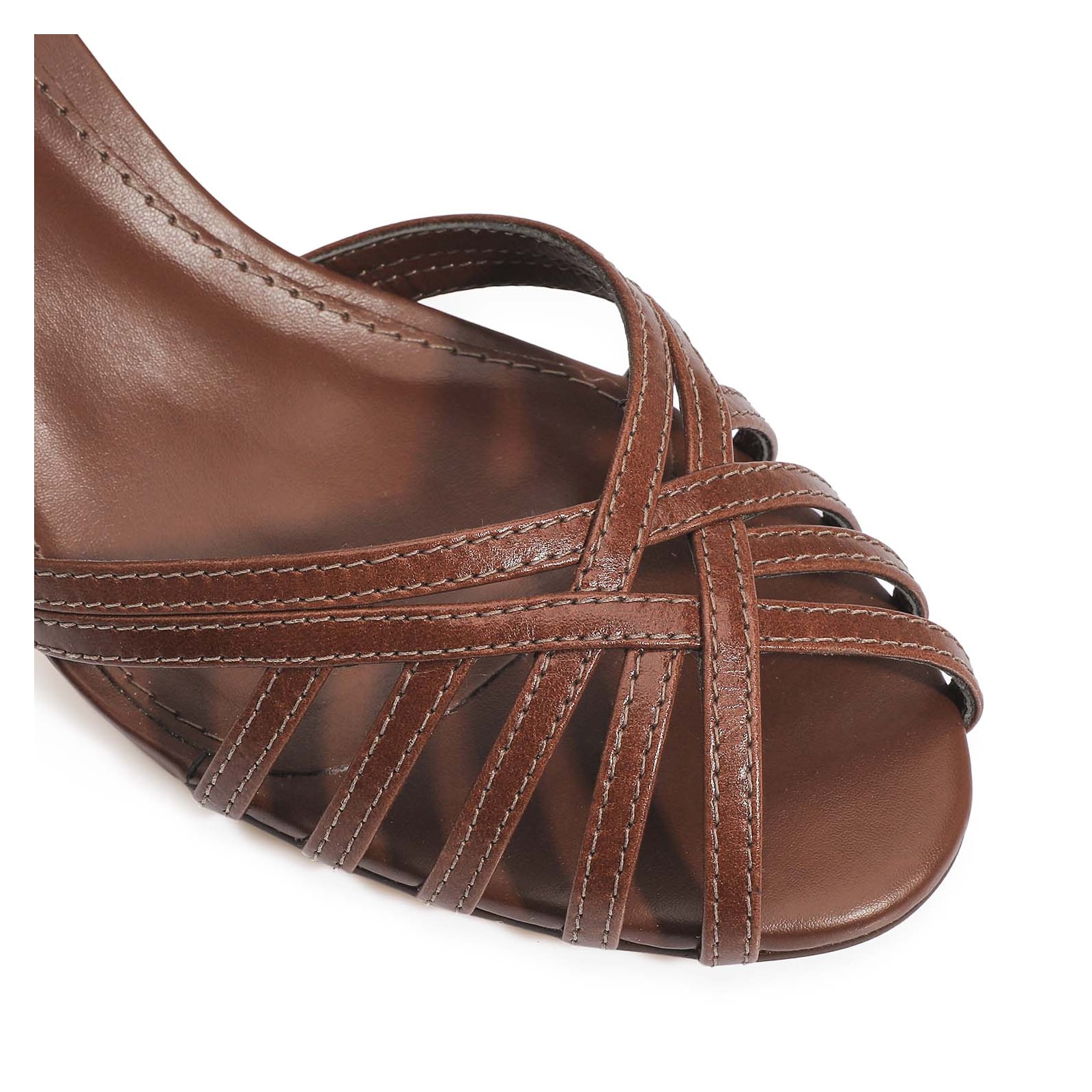 Peep Toe Tiras Couro Marrom Escuro