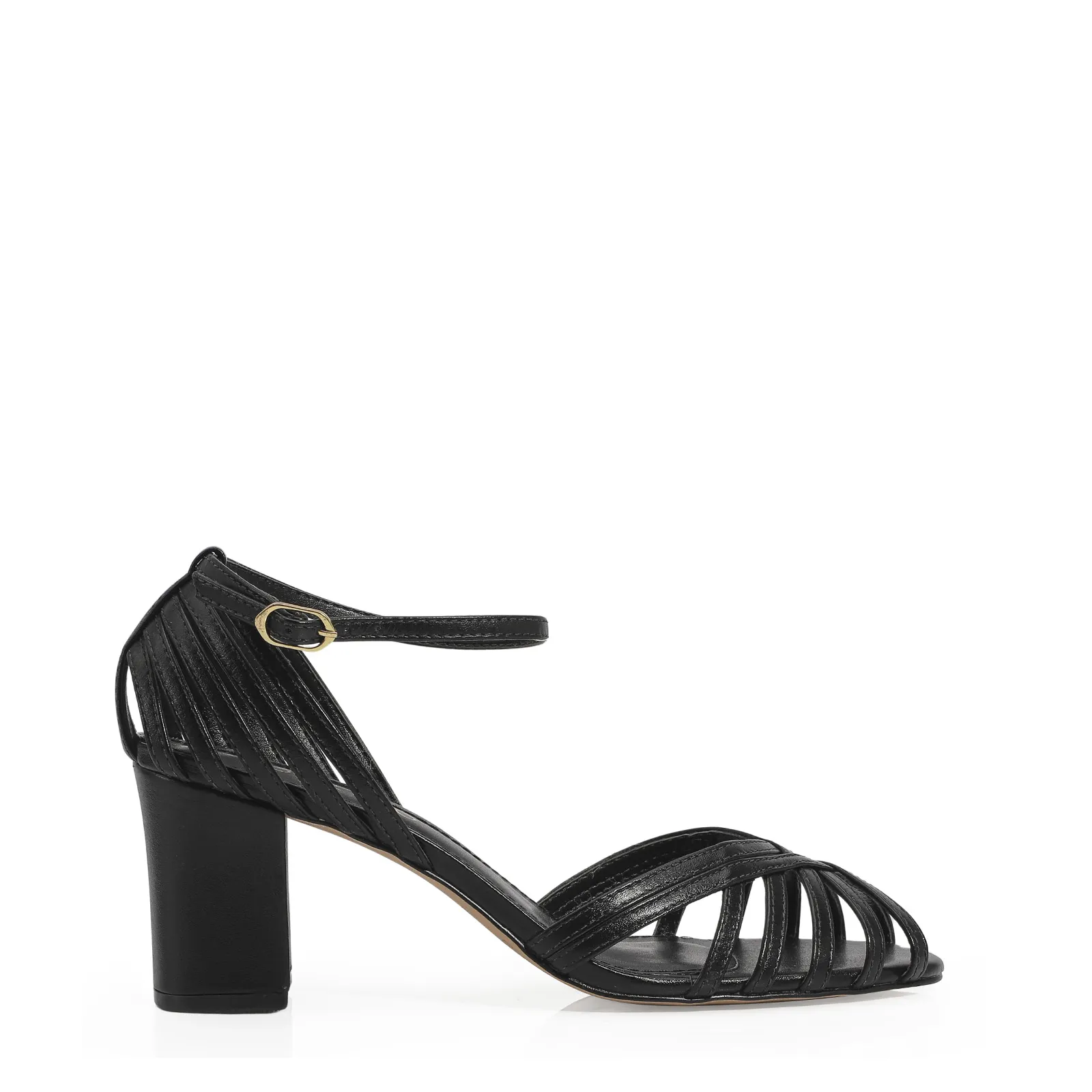 Peep Toe Tiras Couro Preto