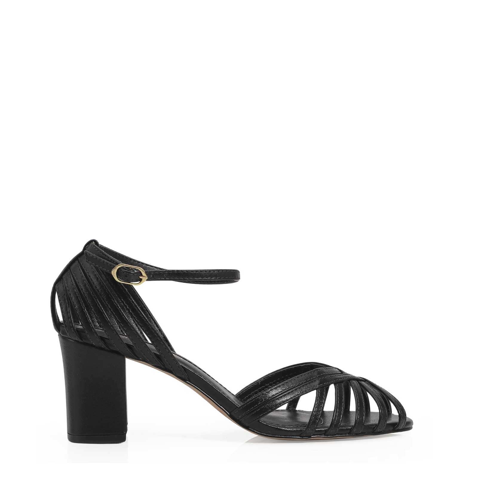 Peep Toe Tiras Couro Preto